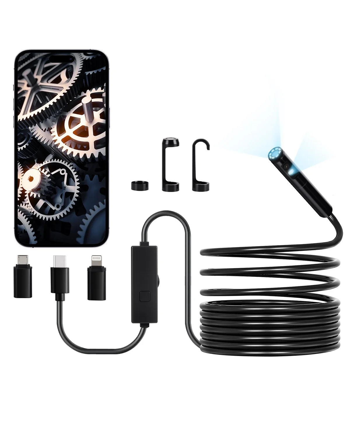 Endoscope Camera with Light, Dual Lens Borescope for Android & IOS, 1920P HD Inspection Camera with 8 + 1 LED Light, 2X Zoom, 16.4FT Snake Cable, IP67 Waterproof Snake Camera for Auto, Plumbing
