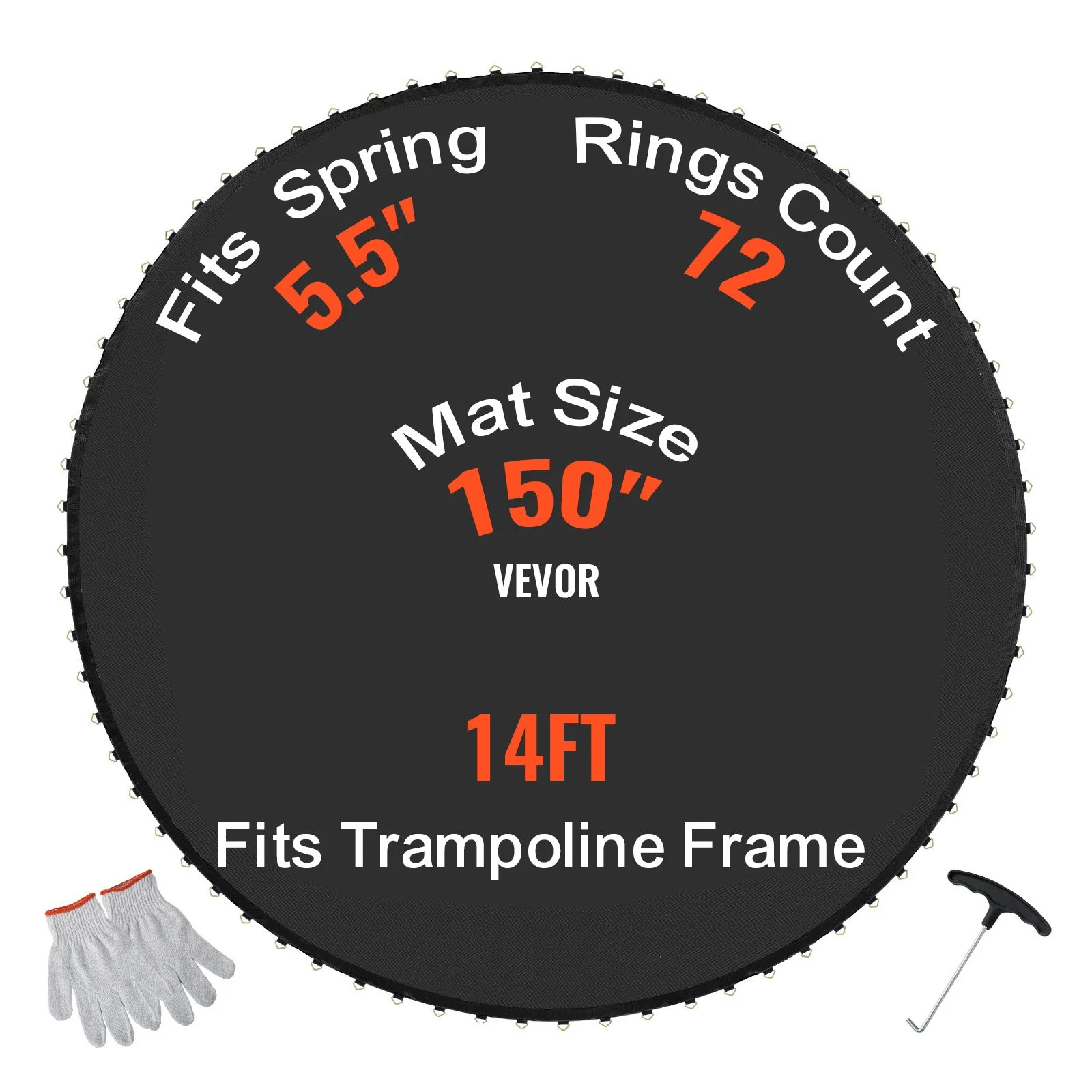 Replacement Trampoline Mat, Jumping Mat Fits 14ft Frame, Universal Jumping Mat for 14ft Round Trampoline, Reinforce UV-Resistant Mat with Spring Tool & Durable V-Rings, Fit 5.5" Spring Length