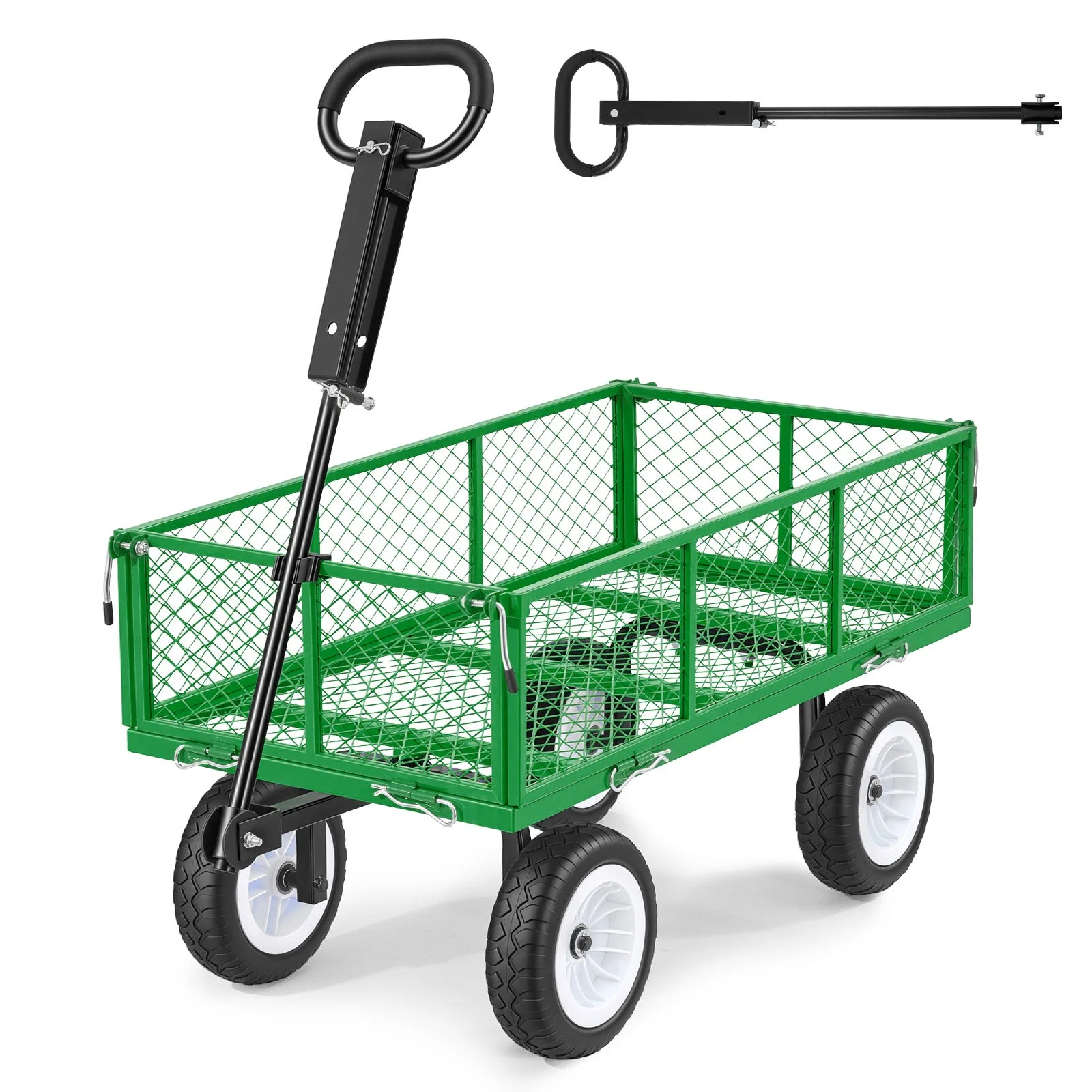 Garden Cart, 900 LBS, Heavy Duty Steel Yard and Garden Utility Wagon with 10-Inch Tires, Outdoor Gardening Stool with Adjustable Handle, Detachable Side Panels, Attach to ATV or Tractor, Green