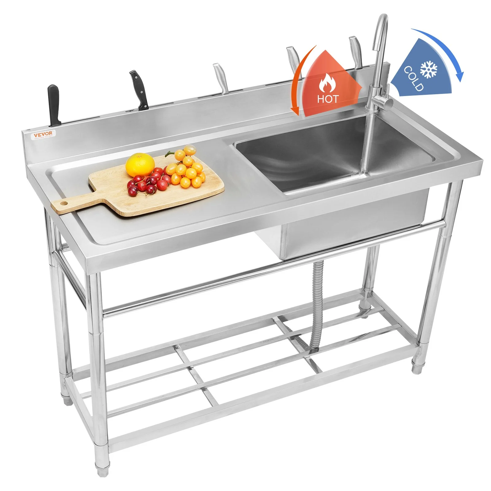 Stainless Steel Utility Sink, Free Standing Single Bowl Commercial Kitchen Sink Set w/Workbench, 39.4 x 19.1 x 37.4 in Commercial Single Bowl Sinks for Garage, Restaurant, Laundry