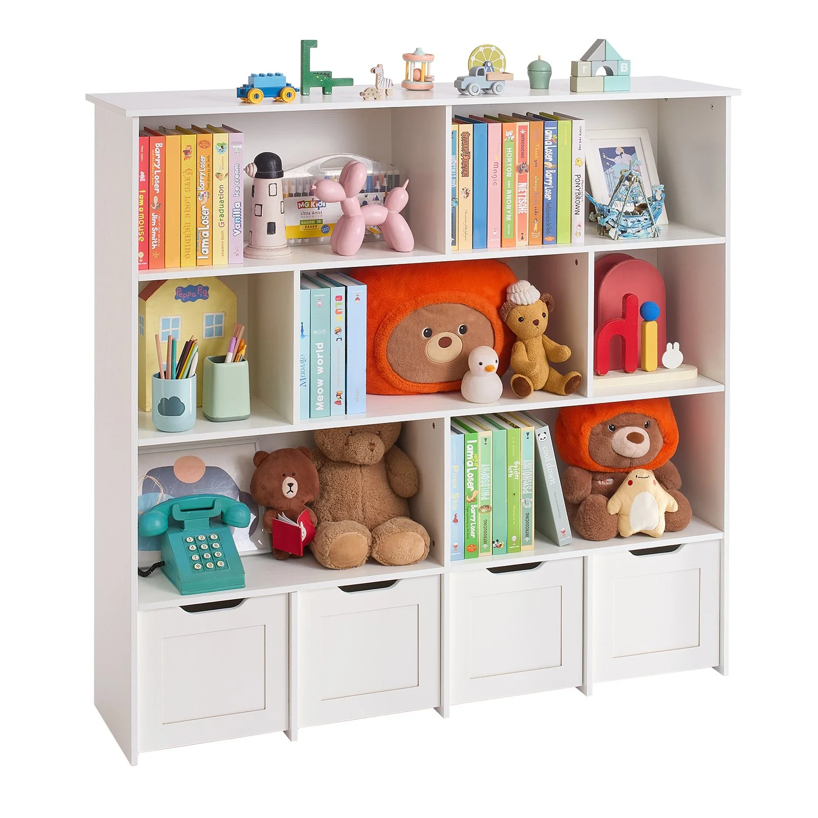 Toy Storage Organizer, Wooden Kids Bookshelf with Storage, Toy Storage Cabinet with 4 Mobile Drawers, Kids Storage Organizer for Bedroom, Nursery, Living Room, Entryway, Preschool, White