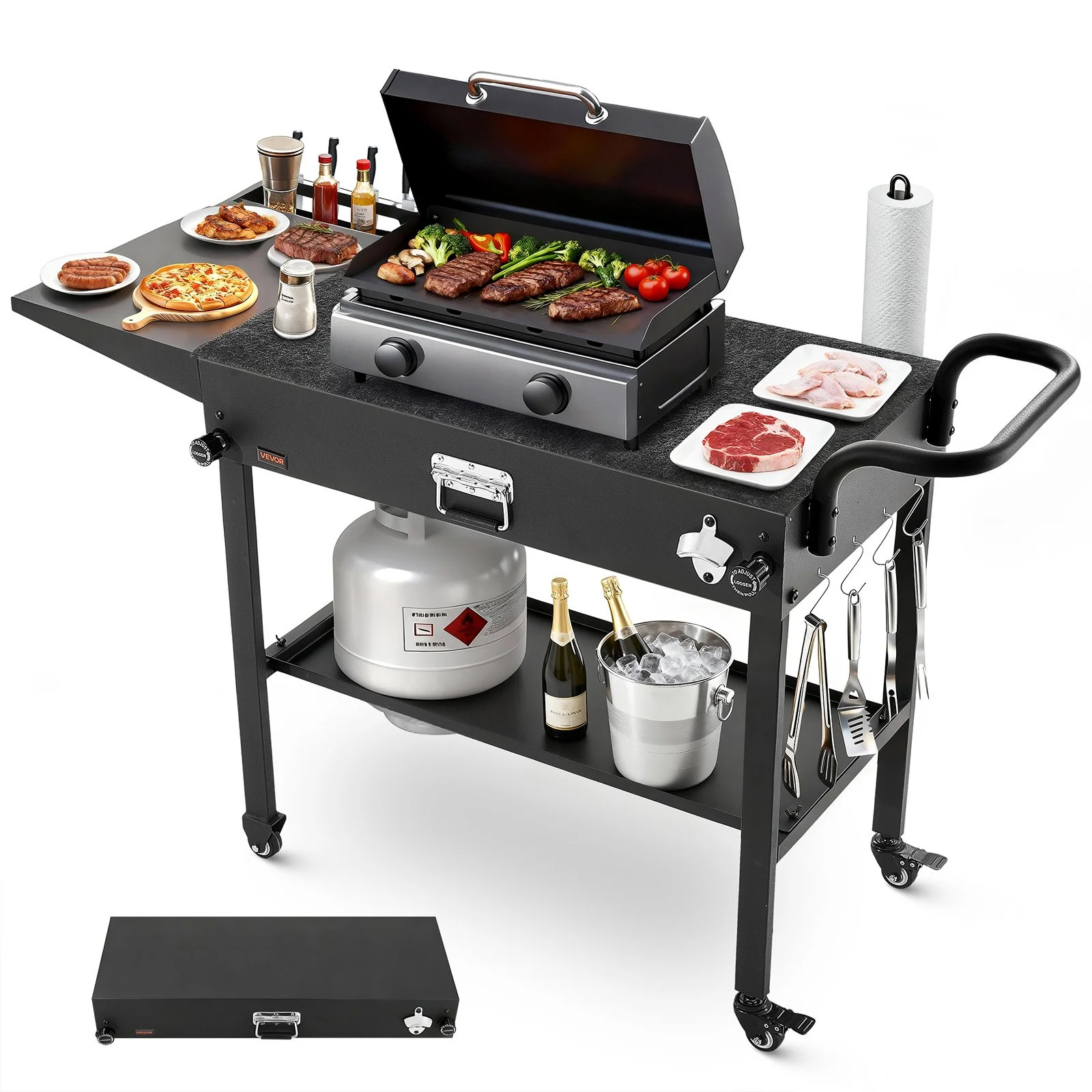 Outdoor Grill Cart, 31.0 x 17.0 inch Tabletop Size Grilling Table, Foldable Outdoor Cooking Table with Tissue Holder, Hooks, Wheels, Side Table, BBQ Prep Tables for Picnic, Kitchen, Courtyard