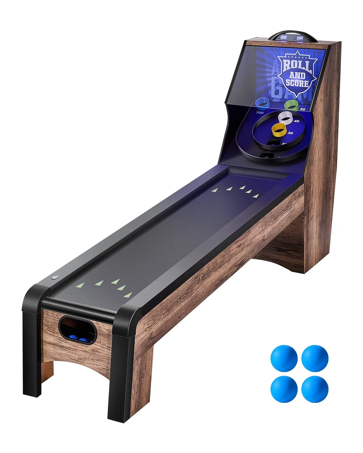 9' Roll and Score Classic Arcade Game Table, Indoor Skeeball Machine Game Set with LED Electronic Scorer, Sound, Automatic Ball Return for Adults Kids Home Recreation Game Room, 4 Balls Included