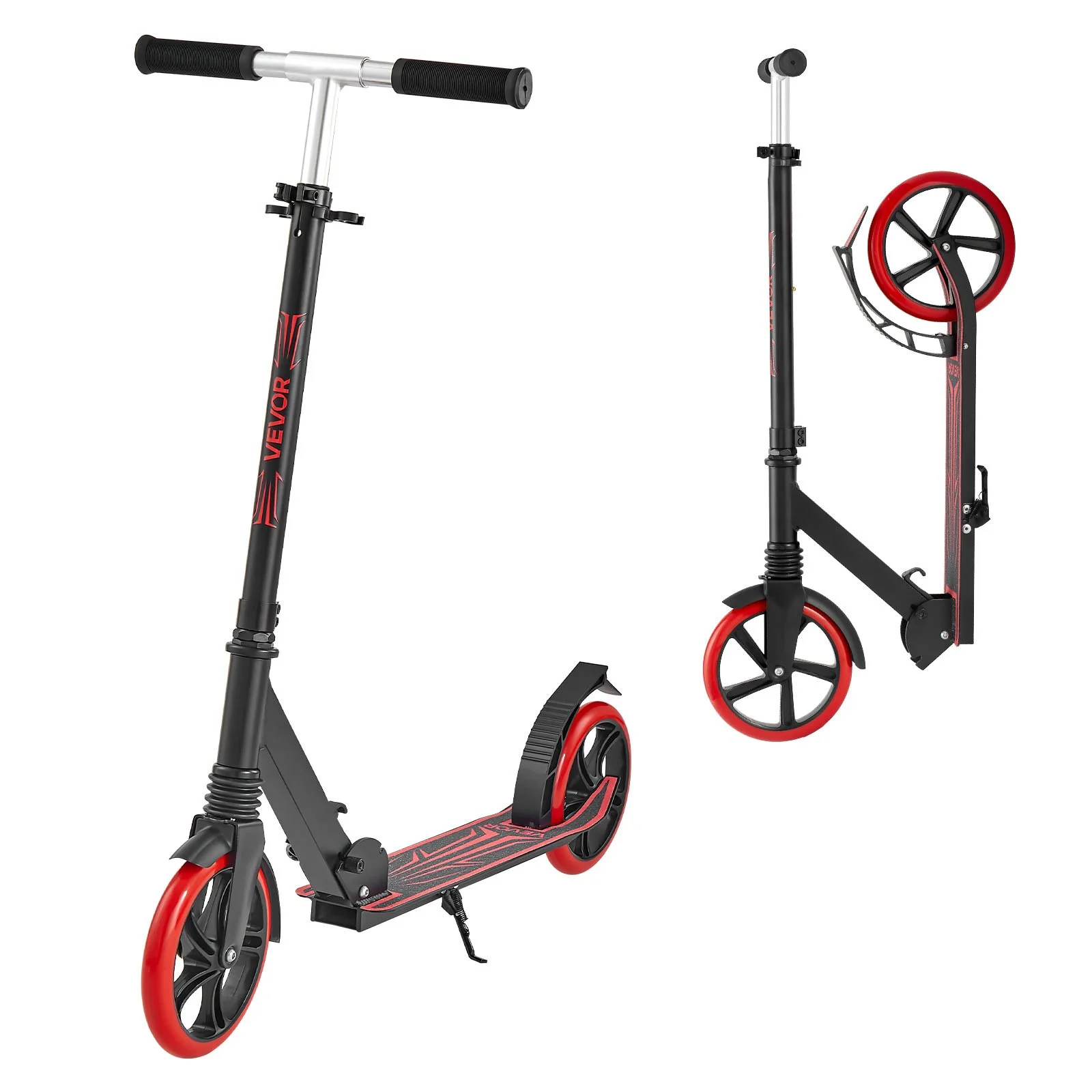 Kick Scooter for Kids Ages 8+, Teens & Adults, 2-Wheel Toddler Scooter with Adjustable Height Handlebar, Wide Anti-Slip Deck, Foldable Lightweight for Boys & Girls up to 220 lbs, Black + Red