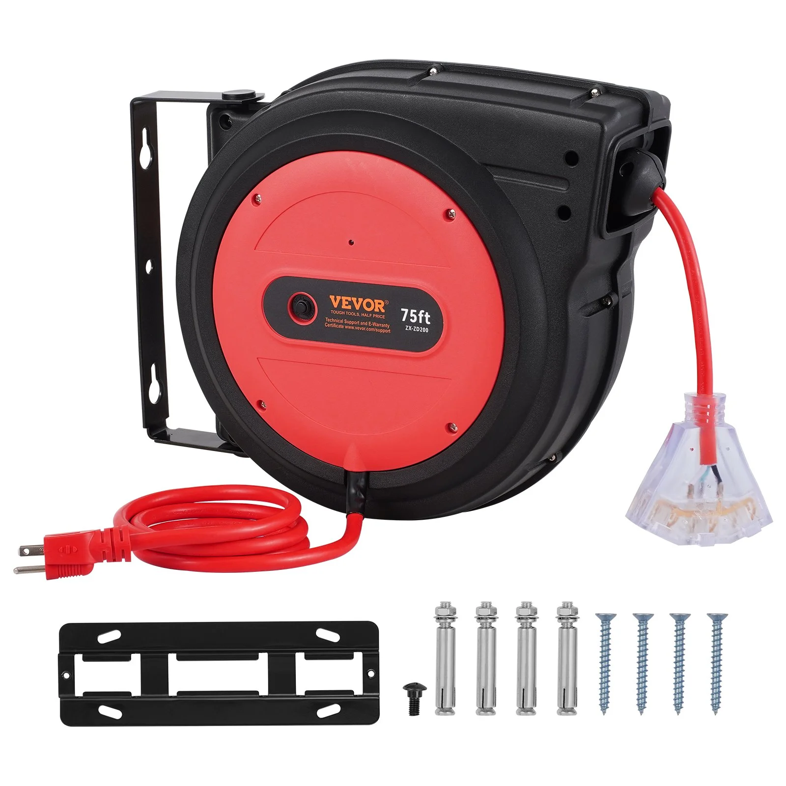 Retractable Extension Cord Reel, 75 FT, Heavy Duty 14AWG/3C SJTOW Retractable Power Cord with Lighted Triple Tap Outlet, 13 Amp Circuit Breaker 180° Swivel Bracket for Ceiling or Wall Mount - Image 9