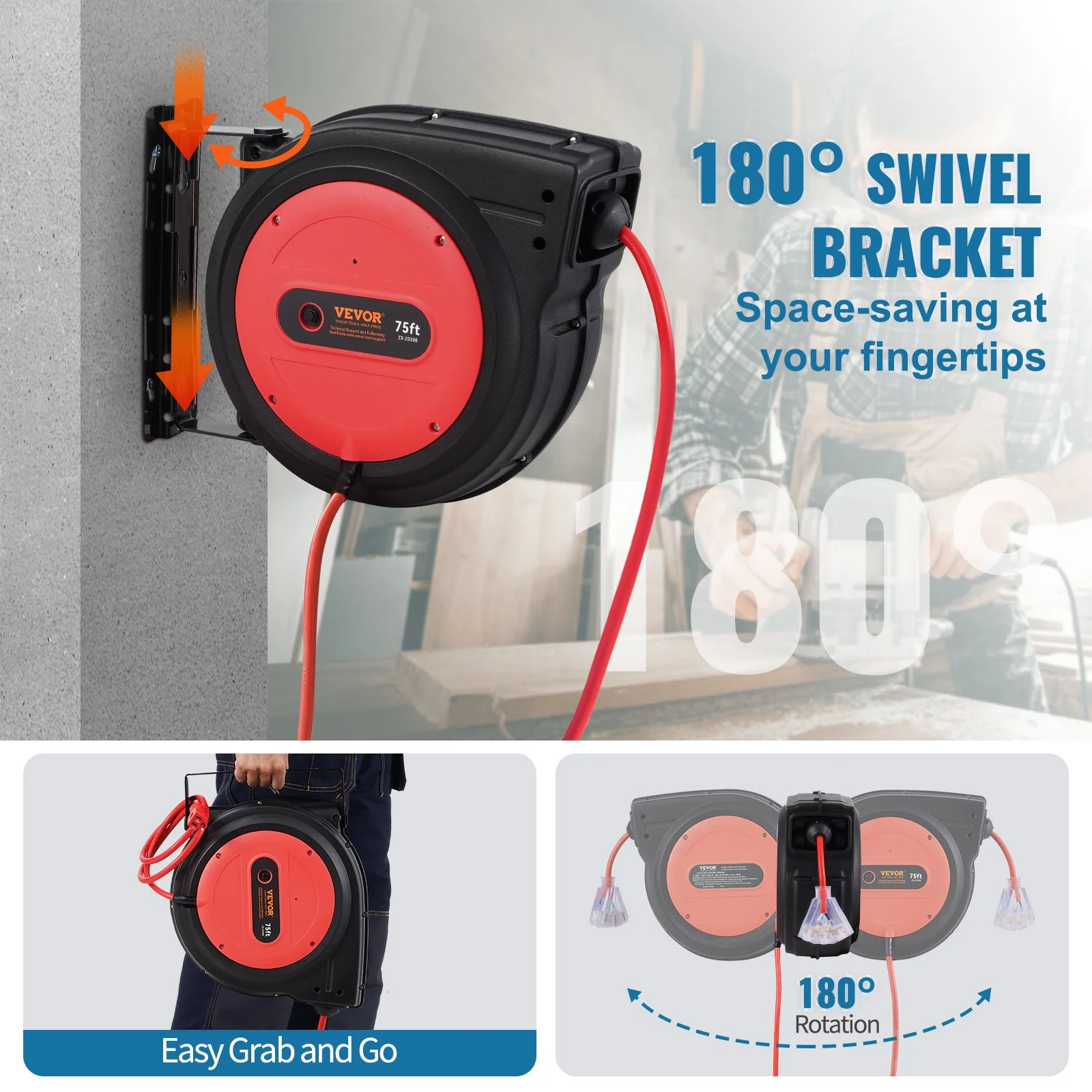Retractable Extension Cord Reel, 75 FT, Heavy Duty 14AWG/3C SJTOW Retractable Power Cord with Lighted Triple Tap Outlet, 13 Amp Circuit Breaker 180° Swivel Bracket for Ceiling or Wall Mount - Image 5