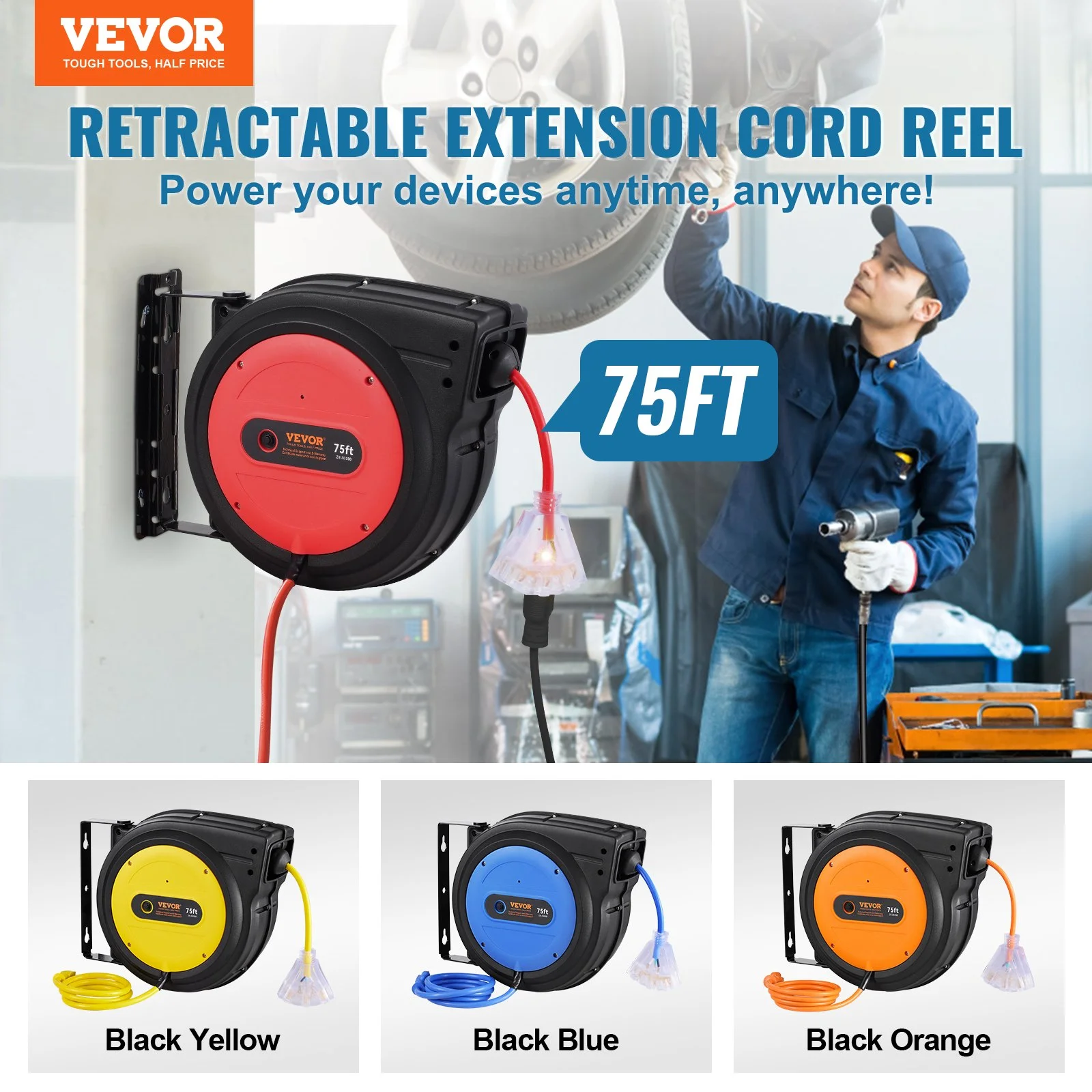 Retractable Extension Cord Reel, 75 FT, Heavy Duty 14AWG/3C SJTOW Retractable Power Cord with Lighted Triple Tap Outlet, 13 Amp Circuit Breaker 180° Swivel Bracket for Ceiling or Wall Mount - Image 7