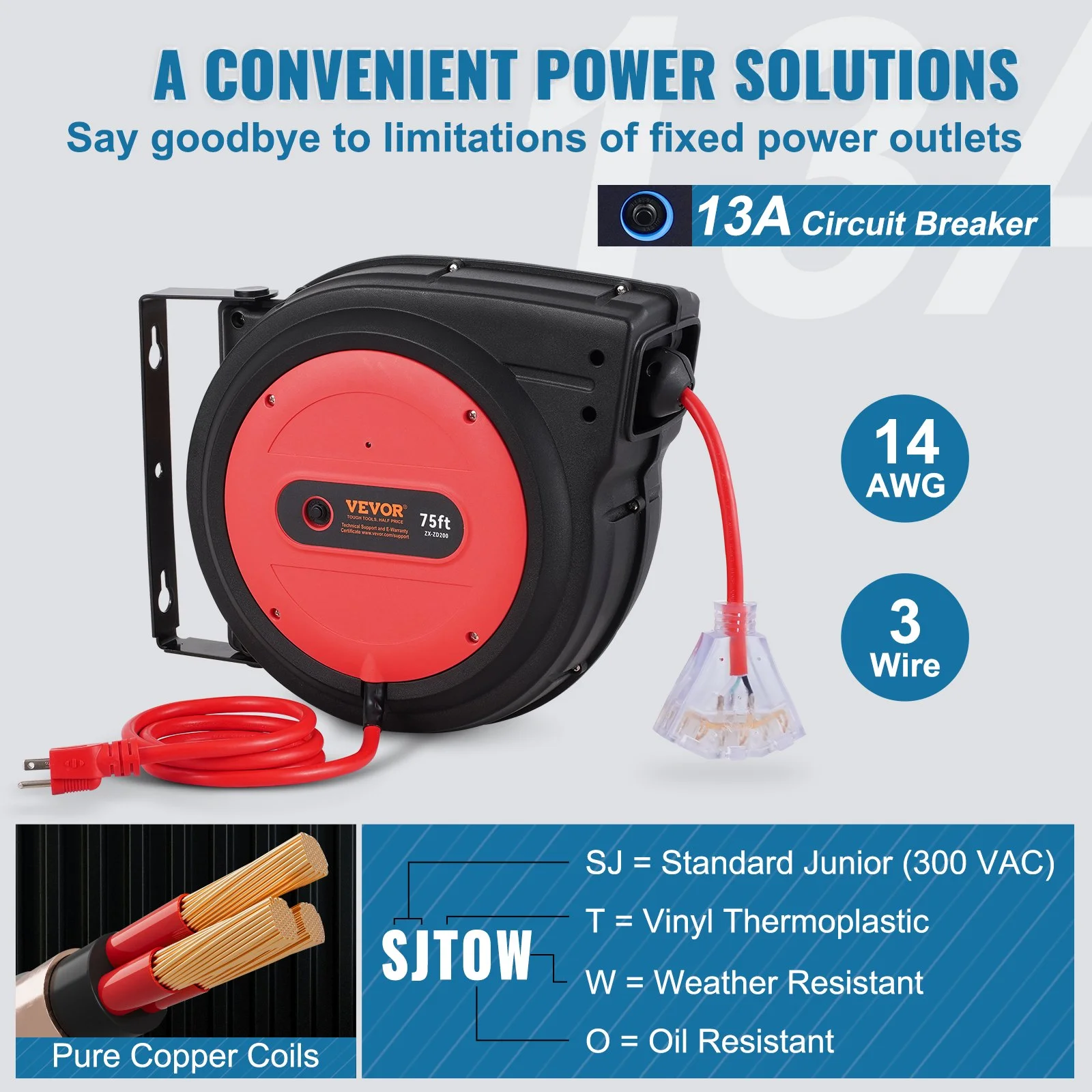 Retractable Extension Cord Reel, 75 FT, Heavy Duty 14AWG/3C SJTOW Retractable Power Cord with Lighted Triple Tap Outlet, 13 Amp Circuit Breaker 180° Swivel Bracket for Ceiling or Wall Mount - Image 3