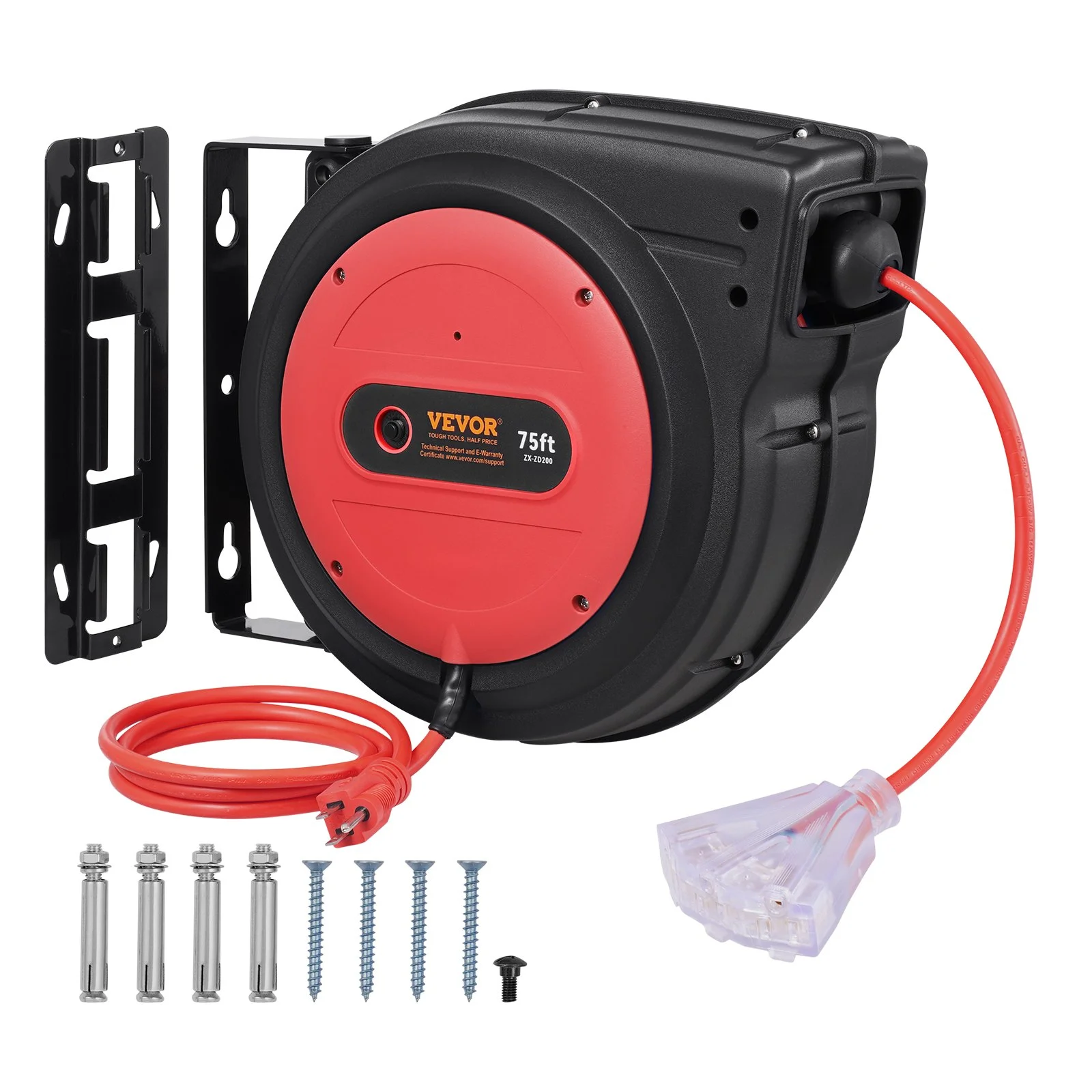 Retractable Extension Cord Reel, 75 FT, Heavy Duty 14AWG/3C SJTOW Retractable Power Cord with Lighted Triple Tap Outlet, 13 Amp Circuit Breaker 180° Swivel Bracket for Ceiling or Wall Mount