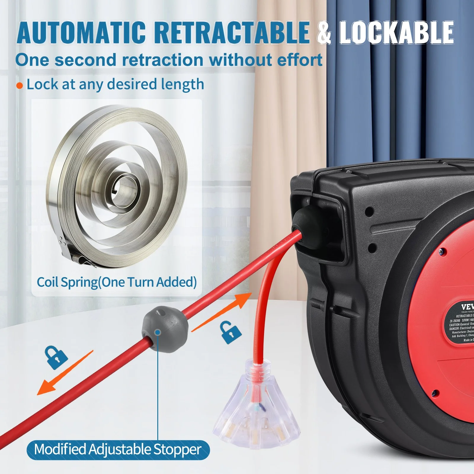 Retractable Extension Cord Reel, 75 FT, Heavy Duty 14AWG/3C SJTOW Retractable Power Cord with Lighted Triple Tap Outlet, 13 Amp Circuit Breaker 180° Swivel Bracket for Ceiling or Wall Mount - Image 4