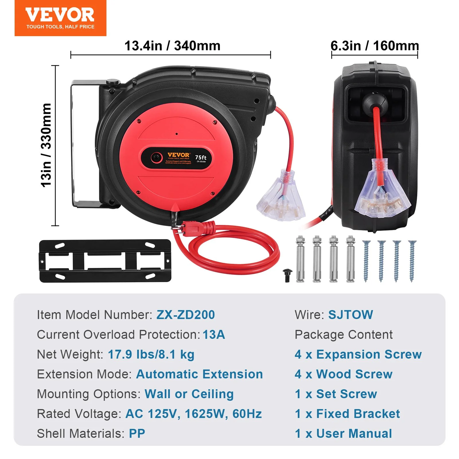 Retractable Extension Cord Reel, 75 FT, Heavy Duty 14AWG/3C SJTOW Retractable Power Cord with Lighted Triple Tap Outlet, 13 Amp Circuit Breaker 180° Swivel Bracket for Ceiling or Wall Mount - Image 6