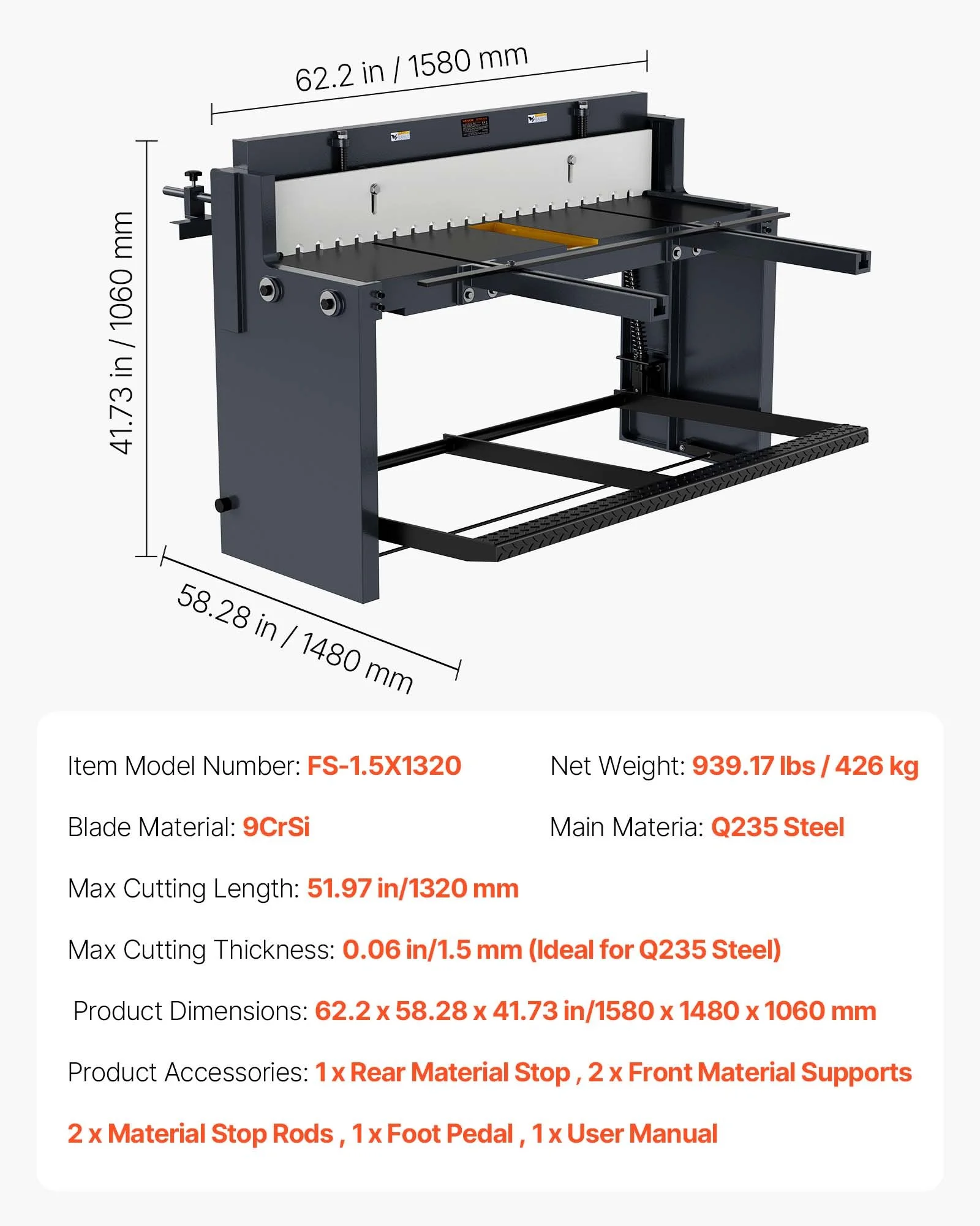 Foot Stomp Sheet Metal Shear, 52 in Width Manual Floor Shear, with Soild Steel Frame, Adjustable Blade Gap, Material Stops, Foot-Pedal Control for Cutting Steel, Copper, Rebar, and Aluminum - Image 9