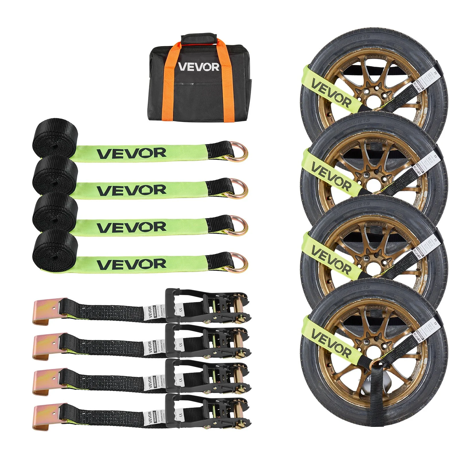 Wheel Chock Tie-Down Kit, Tire-Style Trailer Tie Down Strap, Car Tie Down Kit with Flat Hook, Break Strength 10009 lbs & Working Load 3333 lbs Motorcycle Tie-Down System for ATVs, SUVs, Trailers