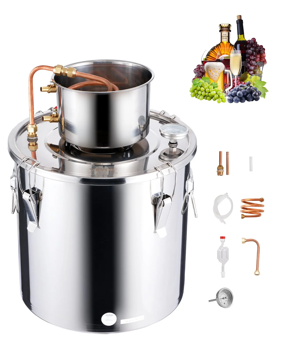 Alcohol Still, 8 Gal / 30 L Stainless Steel Water Alcohol Distiller with Copper Coil, Home Brewing Refining Fermentation Kit with Thermometer, for Wine Whisky Brandy, Silver