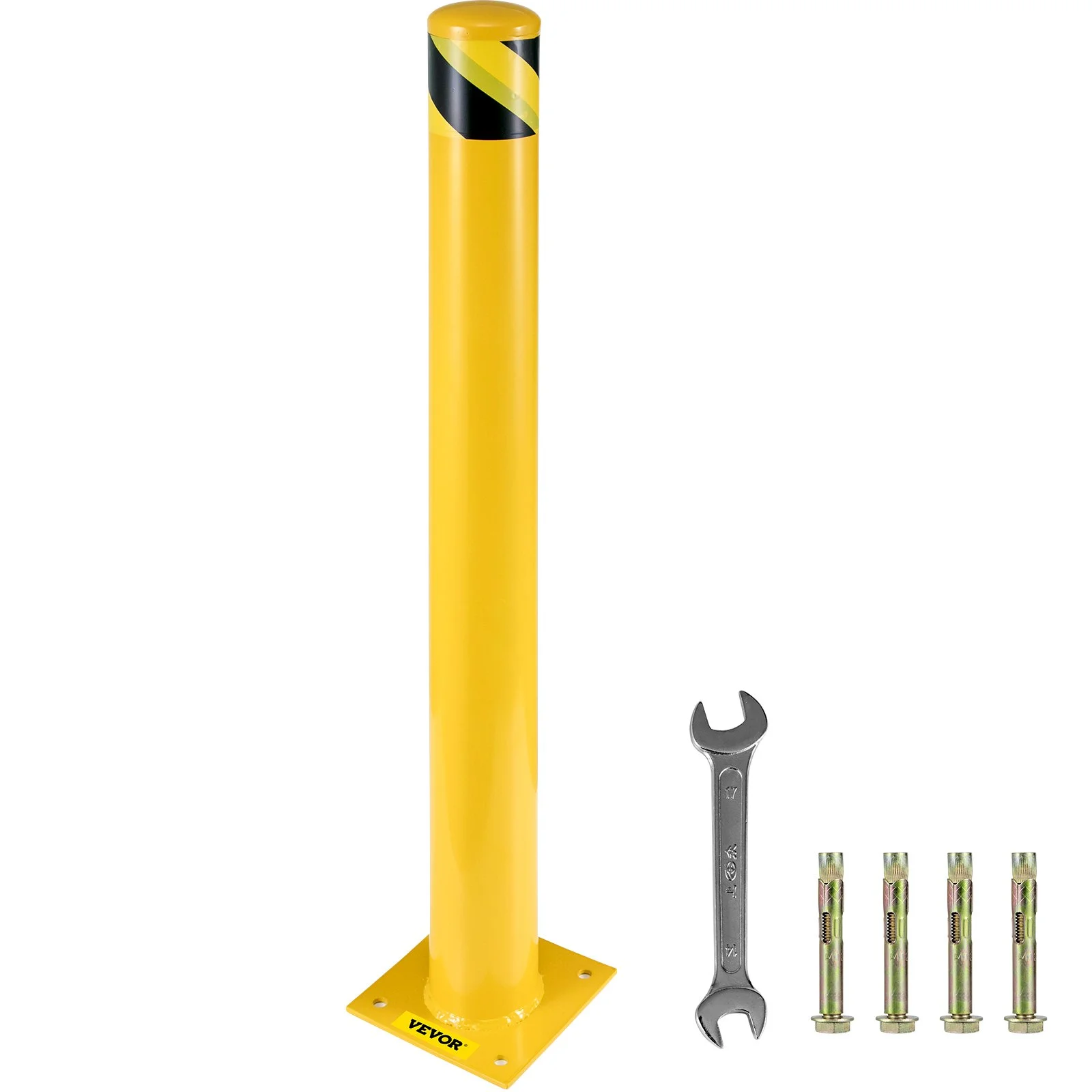Safety Bollard 48"x5.5", Safety Barrier Bollard 5-1/2" OD 48" Height, Yellow Powder Coat Pipe Steel Safety Barrier, with 4 Free Anchor Bolts, for Traffic-Sensitive Area