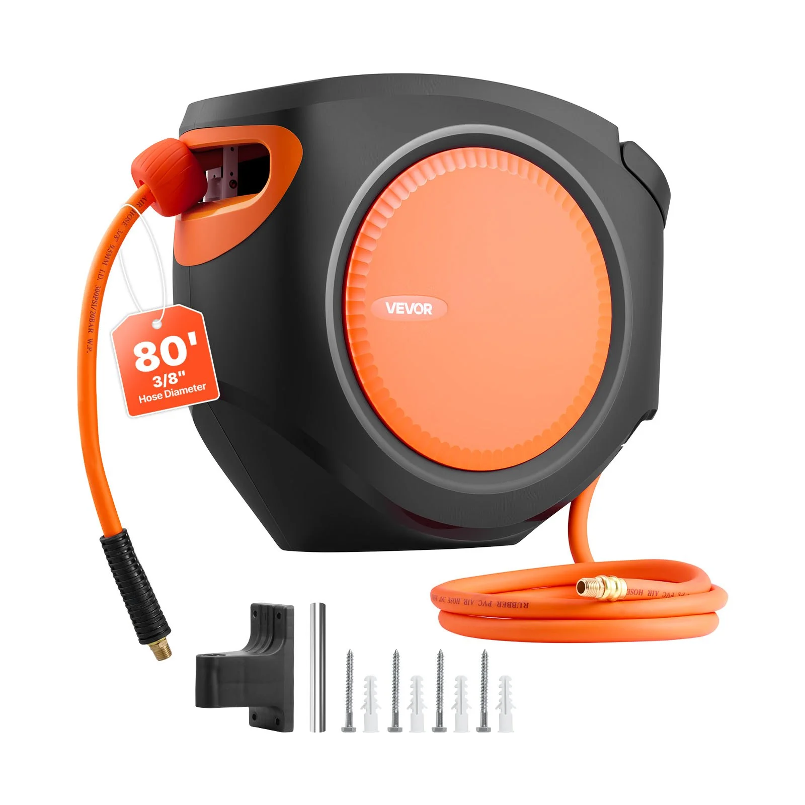 Retractable Air Hose Reel, 3/8 Inch x 80 FT Hybrid Air Hose Max 300PSI, Enclosed Air-Compressor Hoses Reel Auto Rewind with 6.6 ft Lead in, 180° Swivel Ceiling/Wall Mount for Workshops