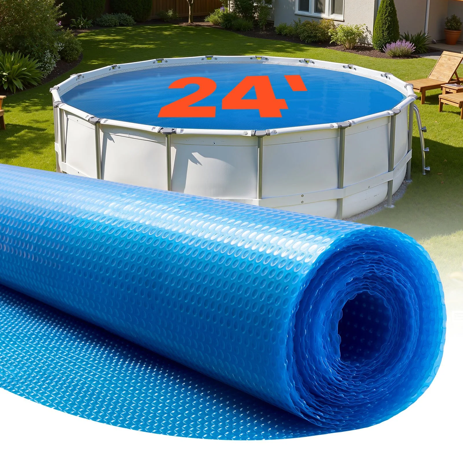 Solar Pool Cover, 24 ft Round Pool Bubble Cover, 16 Mil Pools Solar Blanket with Bubble & PE Material, Daytime Heat Absorption, Nighttime Heat Retention, Heat Retaining Solars Covers, Blue