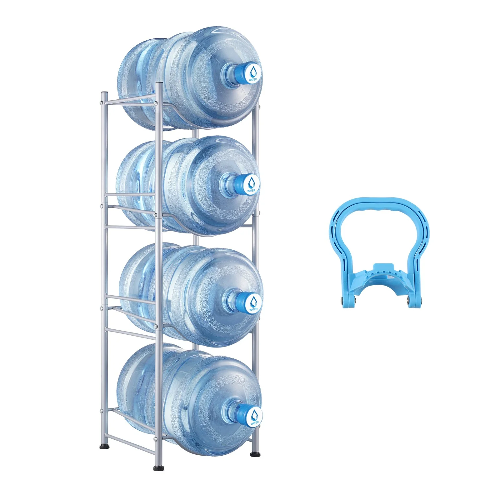 4 Tiers Water Jug Holder, 5 Gallon Water Bottle Holder, Single Row Water Bottle Rack for 4 Bottles, Heavy Duty Water Jug Rack for Kitchen, Office, Living Room, Silver