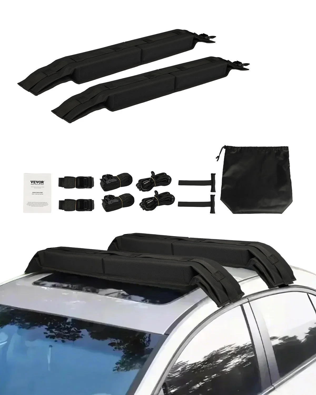 Soft Roof Rack Pads, 31.5" Universal Car Roof Rack Pad, 176LBS Load Capacity Luggage Kayak Carrier with 4 Tie-Down Straps,  2 Quick Loop Straps & Storage Bag for SUP Canoe Snowboard Paddle Board