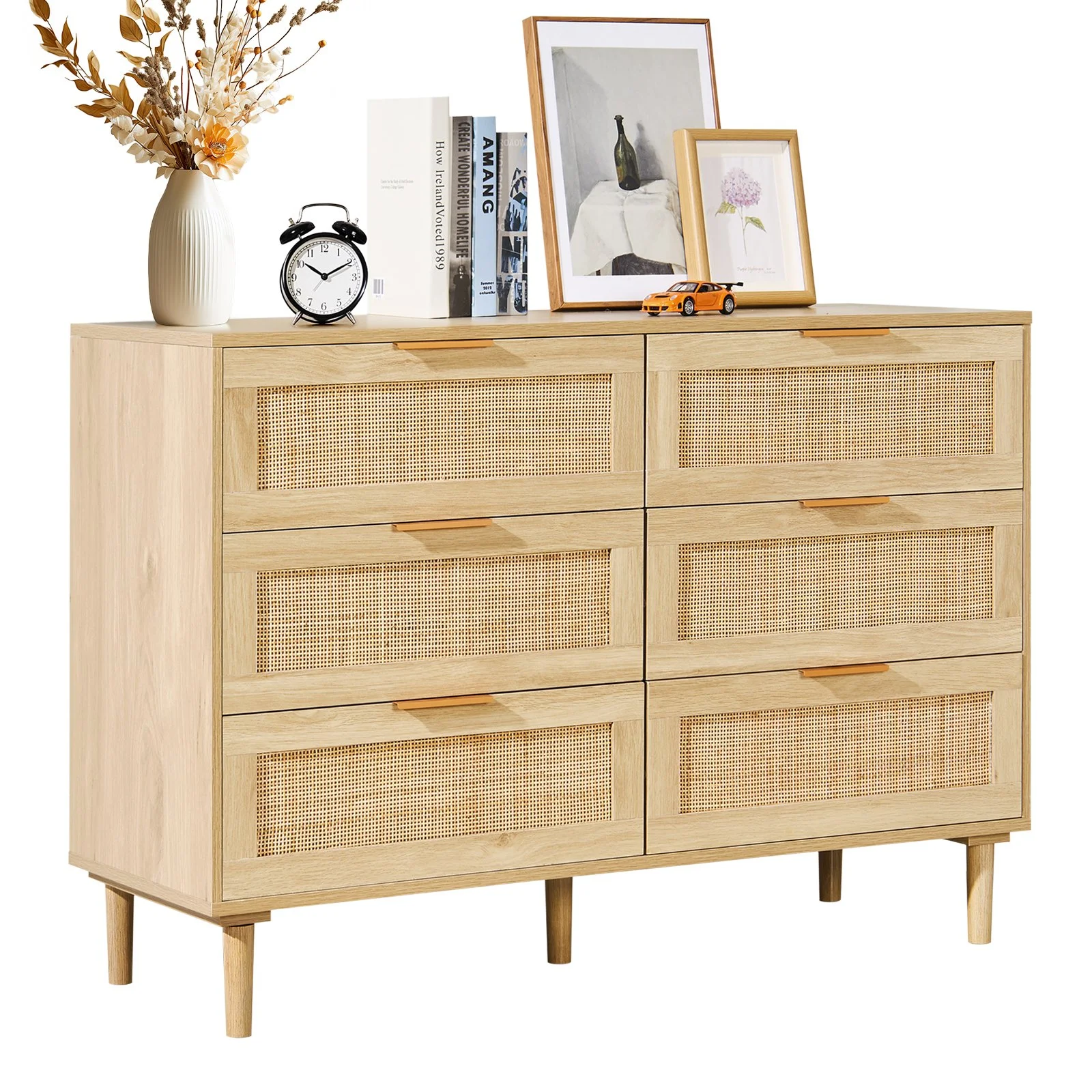 6 Drawer Rattan Dresser, Boho Dresser, Rattan Chest of Drawers with Spacious Storage, Natural Rattan Dresser for Bedroom, Living Room & Hallway,Rattan Nightstand with Sturdy Handles&Legs, Brown