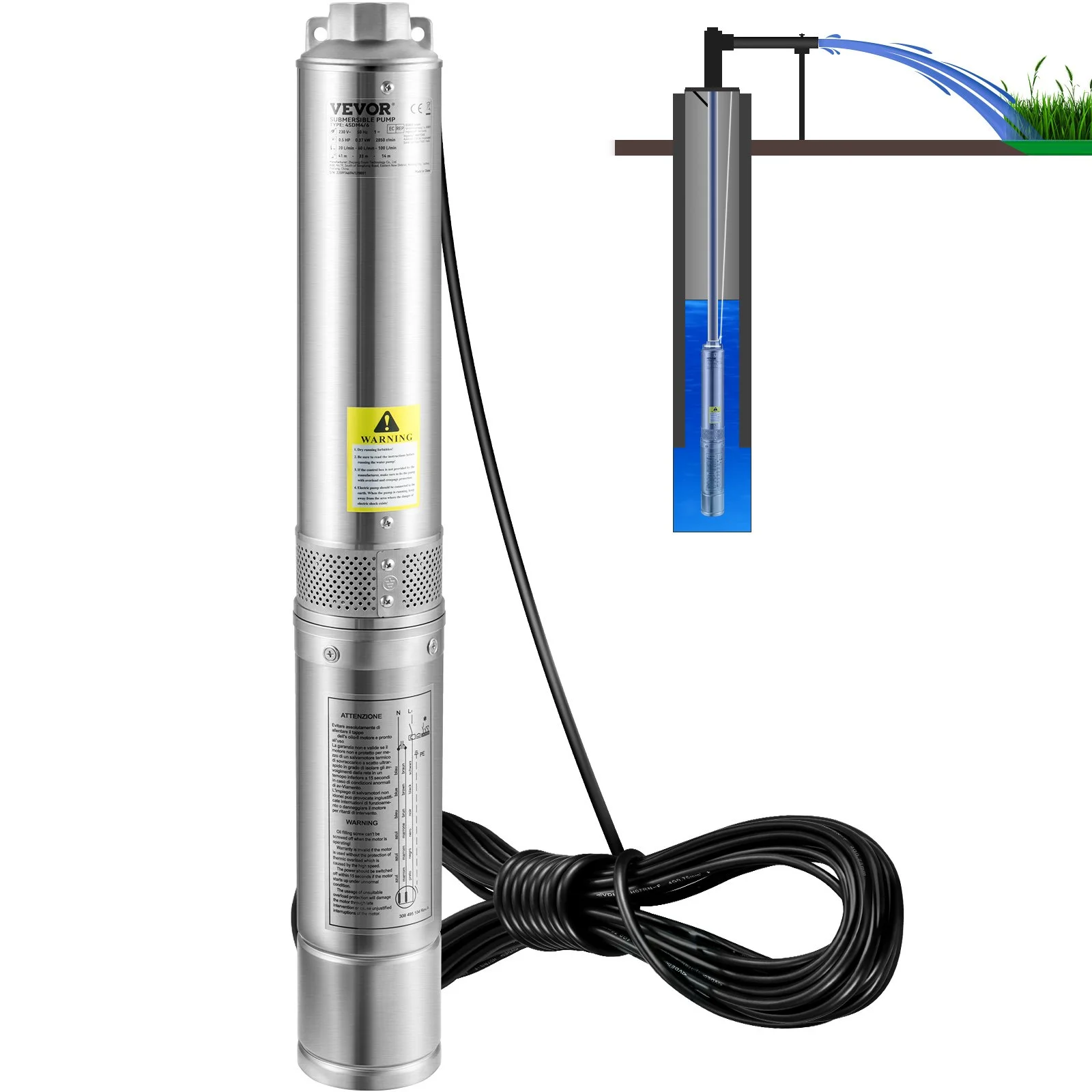 Deep Well Submersible Pump, 2HP/1500W 230V/60Hz, 37GPM Flow 427 ft Head, with 33 ft Electric Cord, 4 inch Stainless Steel Water Pumps for Industrial, Irrigation & Home Use, IP68 Waterproof Grade