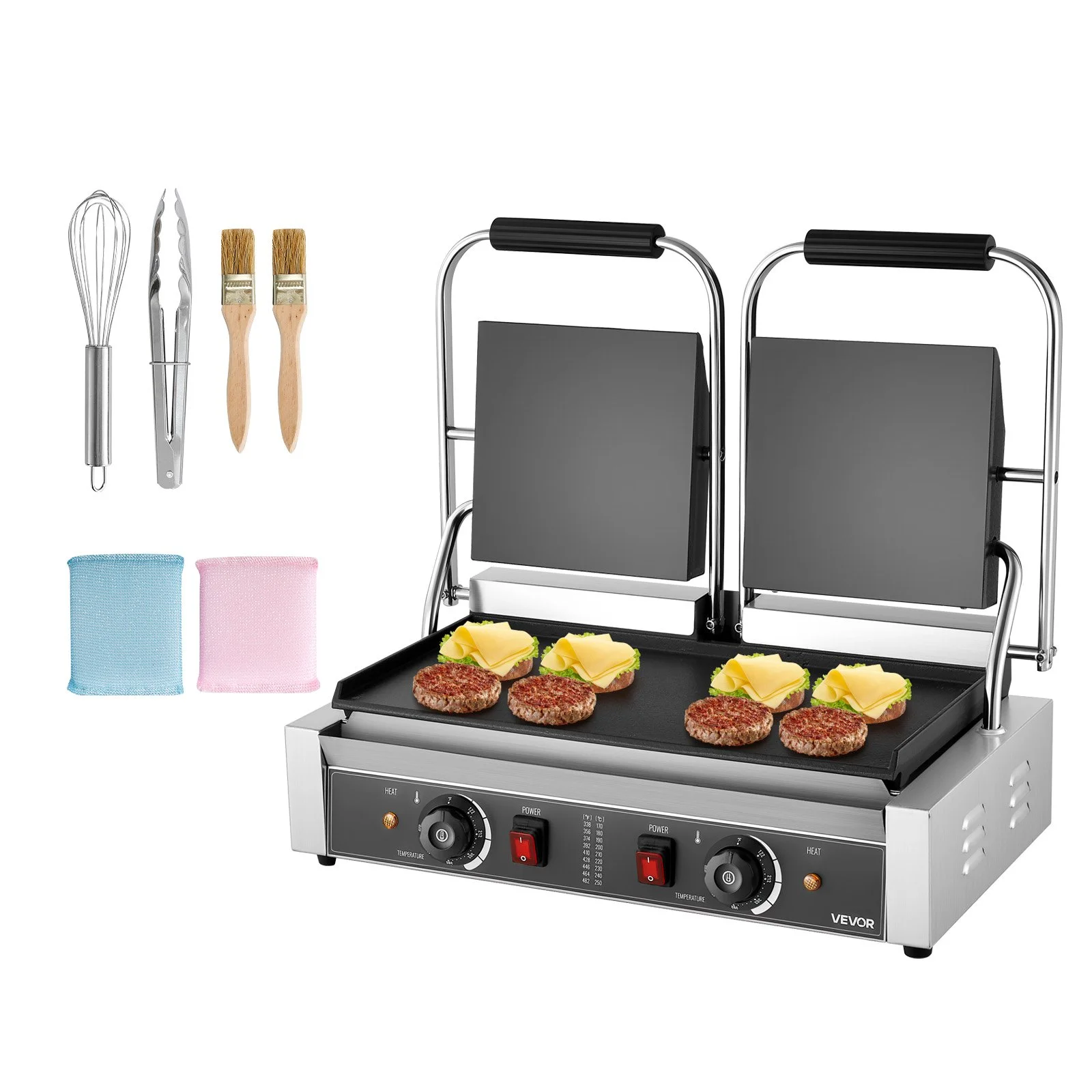 Commercial Panini Grill, 3600W Electric Sandwich Panini Maker, Stainless Steel Double Sandwich Press, Panini Grill with Temp Control & 19"x9" Full Flat Enamel Plate, for Hamburger Steak Bacon