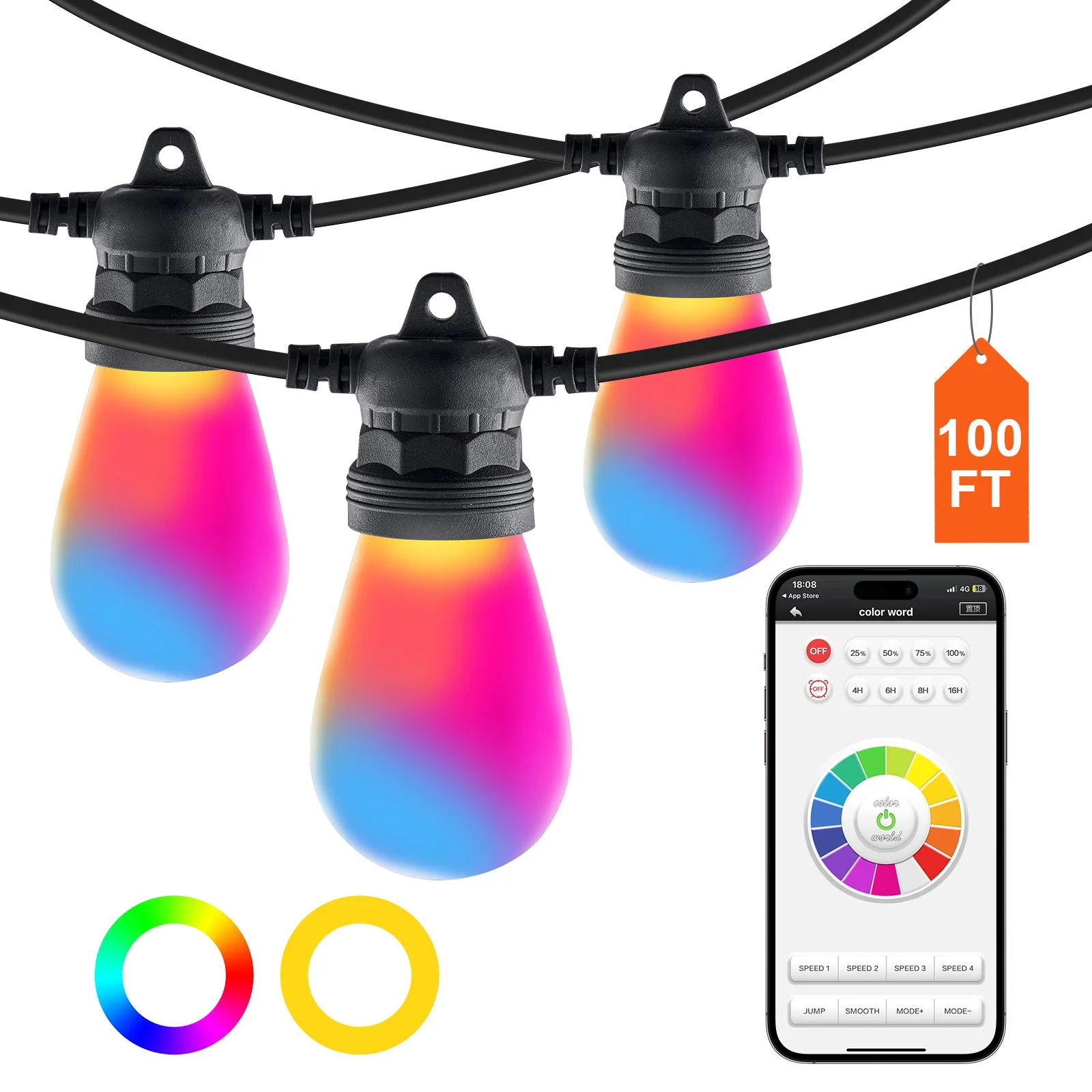 RGB Outdoor String Lights, 100FT, Outside Patio Lights with APP Control 30 Bulbs, 15 Single-Color Adjustable Brightness Time Setting, Waterproof Hanging Lights for Halloween Decoration Christmas