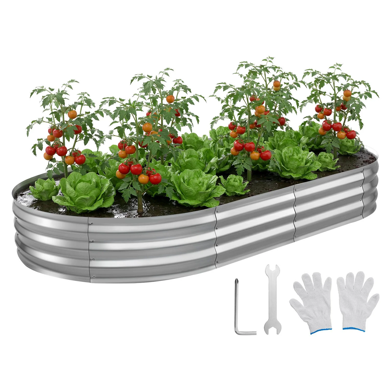 Galvanized Raised Garden Bed, 8 x 4 x 1 ft, Oval Metal Planter Box Kit Outdoor, Bottomless Elevated Garden Box with Gloves, Rustproof Alu-Zinc, for Planting Flowers Fruits Vegetables, Silver