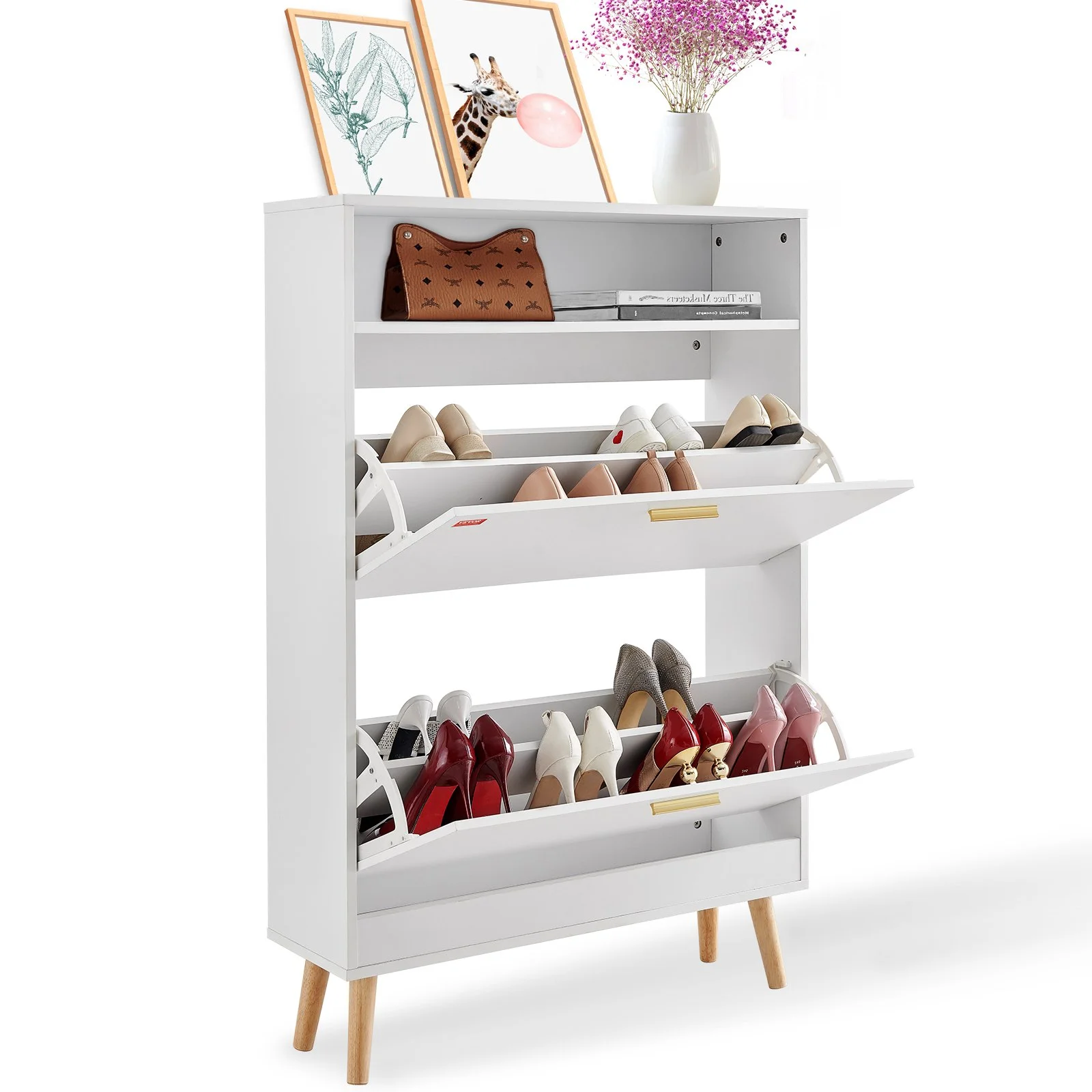 Shoe Cabinet with 2 Flip Drawers, Shoe Storage Cabinet for Entryway, Free Standing Shoe Storage Organizer with Top Storage Cubby for Heels, Boots, Slippers in Hallway, Living Room
