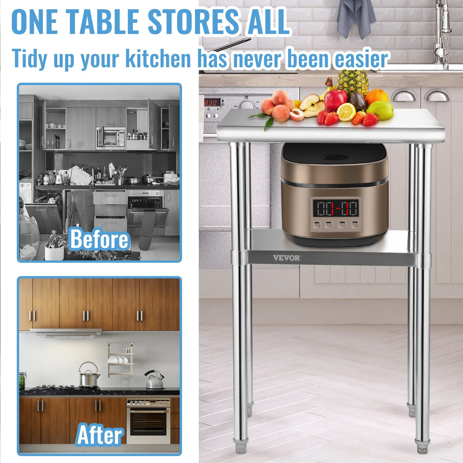 Stainless Steel Prep Table, 24 x 18 x 36 Inch, 600lbs Load Capacity Heavy Duty Metal Worktable with Adjustable Undershelf & Feet, Commercial Workstation for Kitchen Restaurant Garage Backyard - Image 7