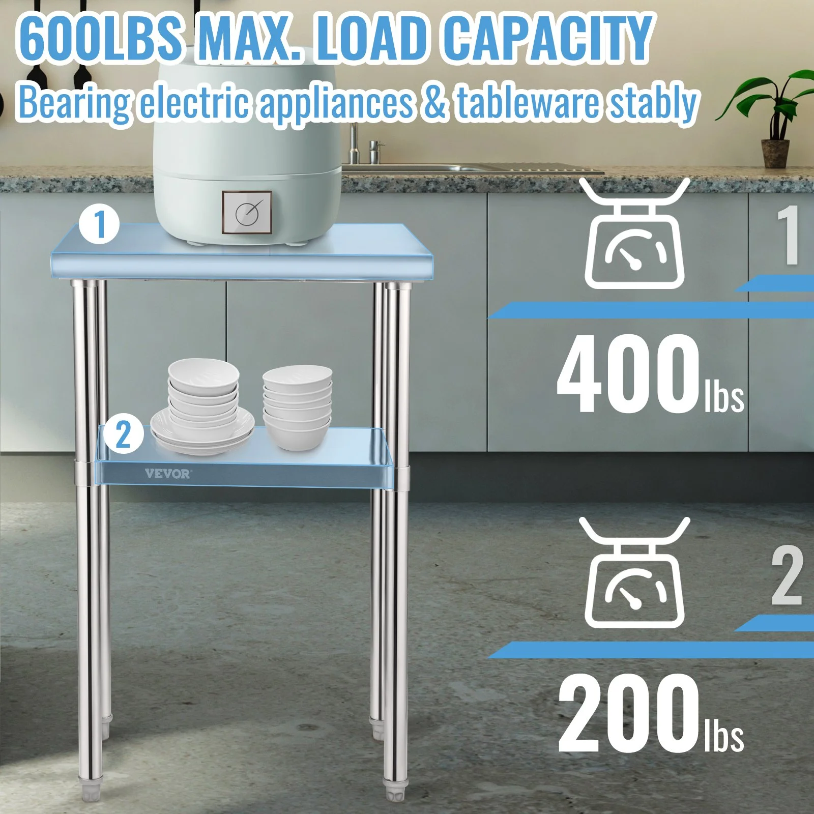 Stainless Steel Prep Table, 24 x 18 x 36 Inch, 600lbs Load Capacity Heavy Duty Metal Worktable with Adjustable Undershelf & Feet, Commercial Workstation for Kitchen Restaurant Garage Backyard - Image 3