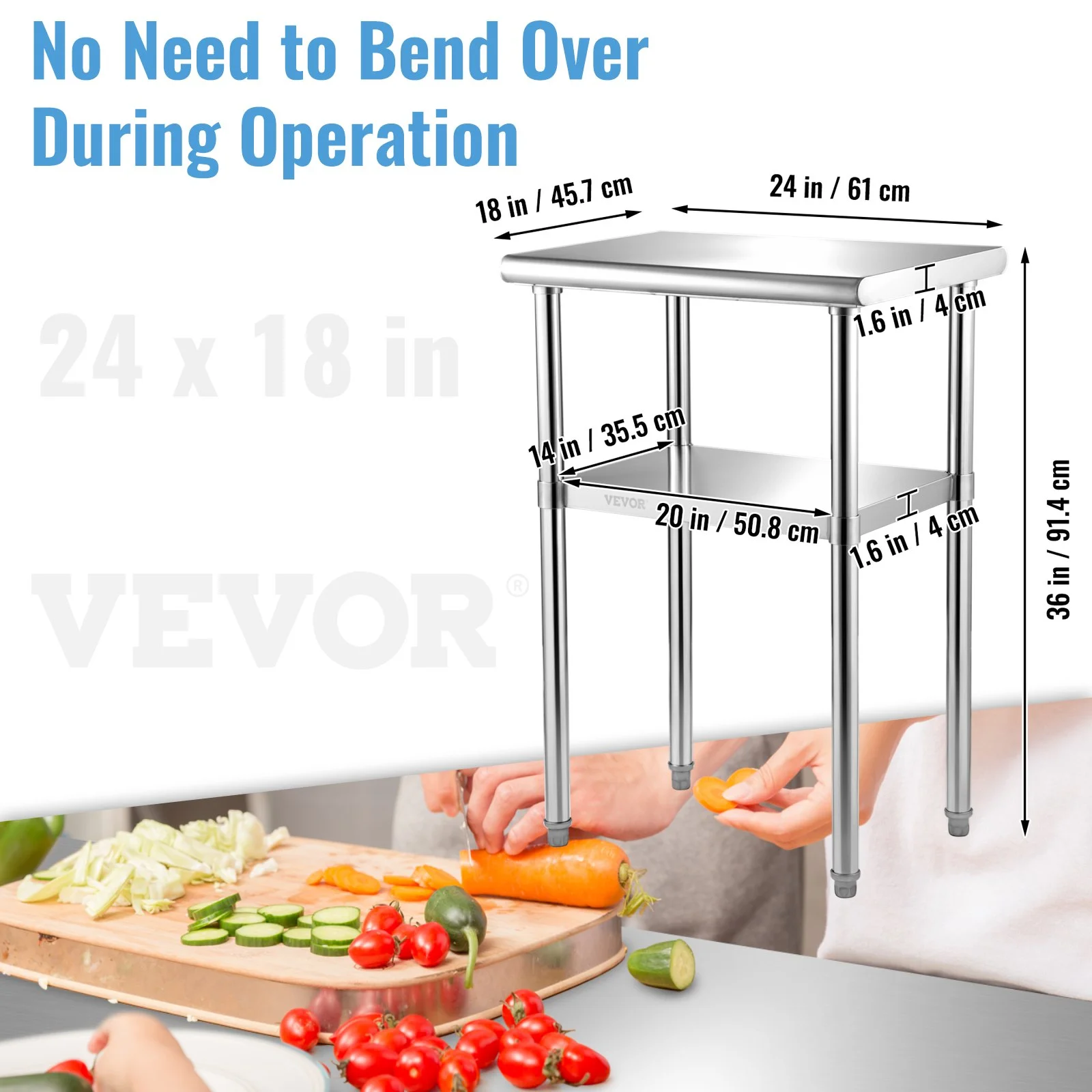 Stainless Steel Prep Table, 24 x 18 x 36 Inch, 600lbs Load Capacity Heavy Duty Metal Worktable with Adjustable Undershelf & Feet, Commercial Workstation for Kitchen Restaurant Garage Backyard - Image 6
