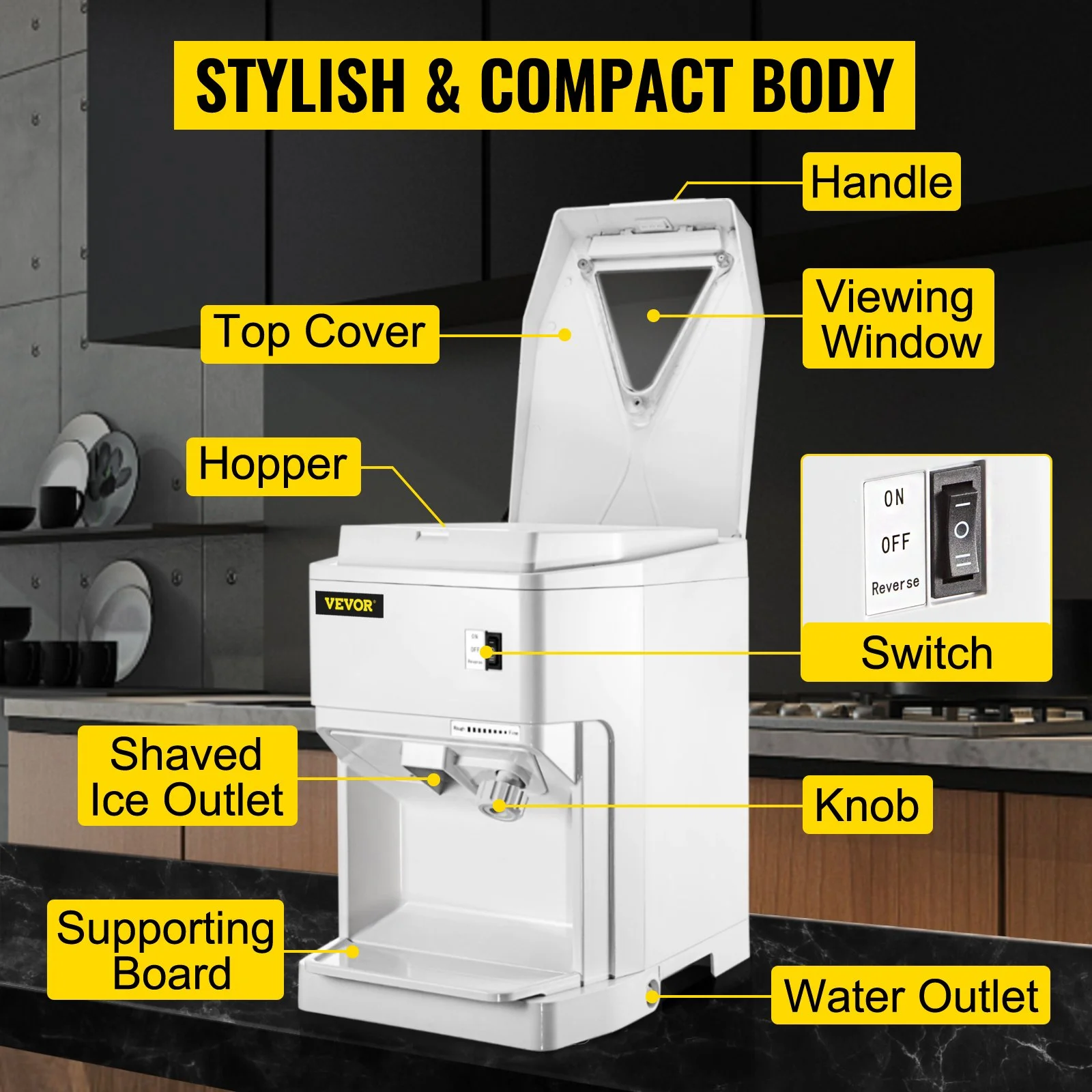 Ice Shaver Machine Electric, Snow Cone Machine Commercial 265 LBS/H, Shaved Ice Machine with Ice Hopper & Lid, 250W Ice Crusher with Drain Pipe Tabletop Shaved Ice Maker with Adjustable Fineness - Image 3