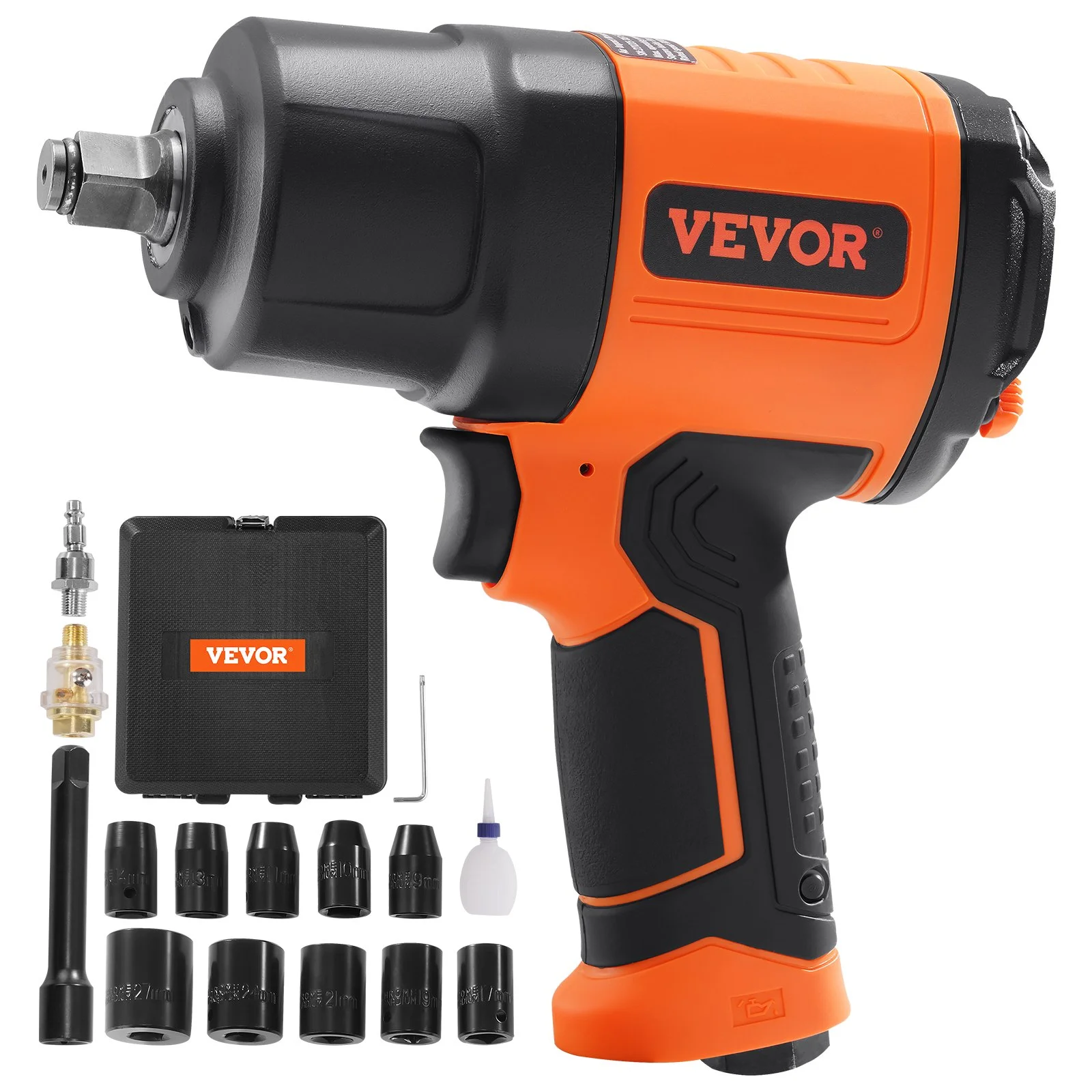 1/2-Inch Air Impact Wrench, High Torque Up to 1400 ft-lbs, Lightweight 4.6 lb Design Pneumatic Impact Gun with 11-PCS 1/2-Inch Drive CR-V Steel Impact Socket Set & Carrying Case
