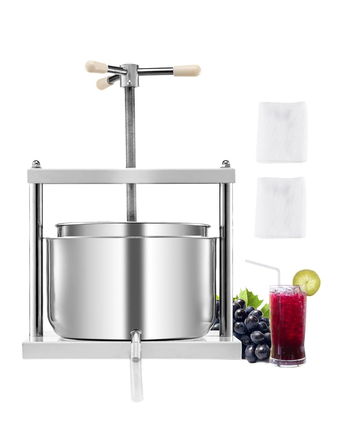 3.17 Gal/12L Fruit Wine Press, 2 Stainless Steel Barrels, Manual Juice Maker, Cider Apple Grape Tincture Honey Olive Oil Making Press with Triangular Handle for Outdoor Kitchen Home