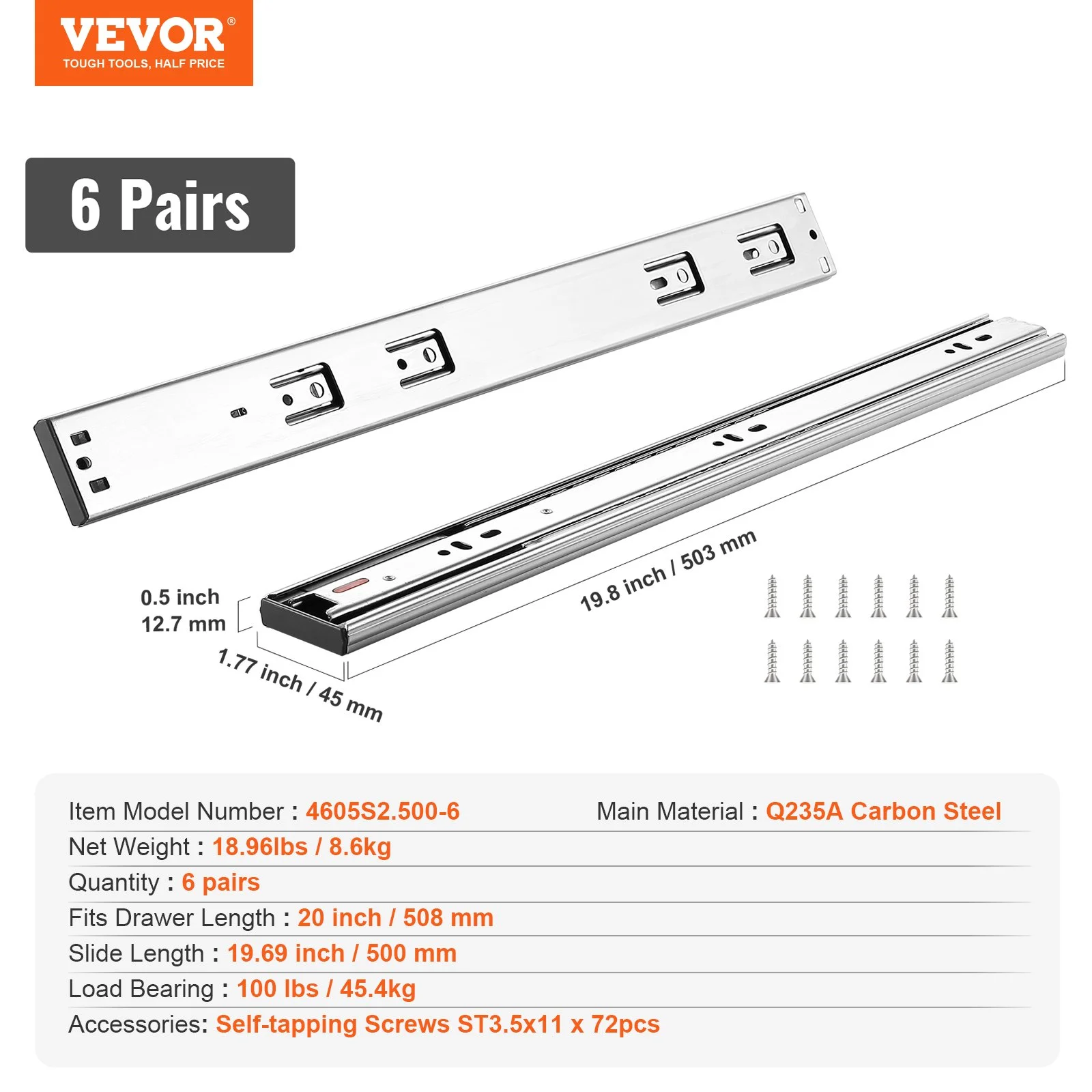 6 Pairs of 20 Inch Drawer Slides Side Mount Rails, Heavy Duty Full Extension Steel Track, Soft-Close Noiseless Guide Glides Cabinet Kitchen Runners with Ball Bearing, 100 Lbs Load Capacity - Image 3