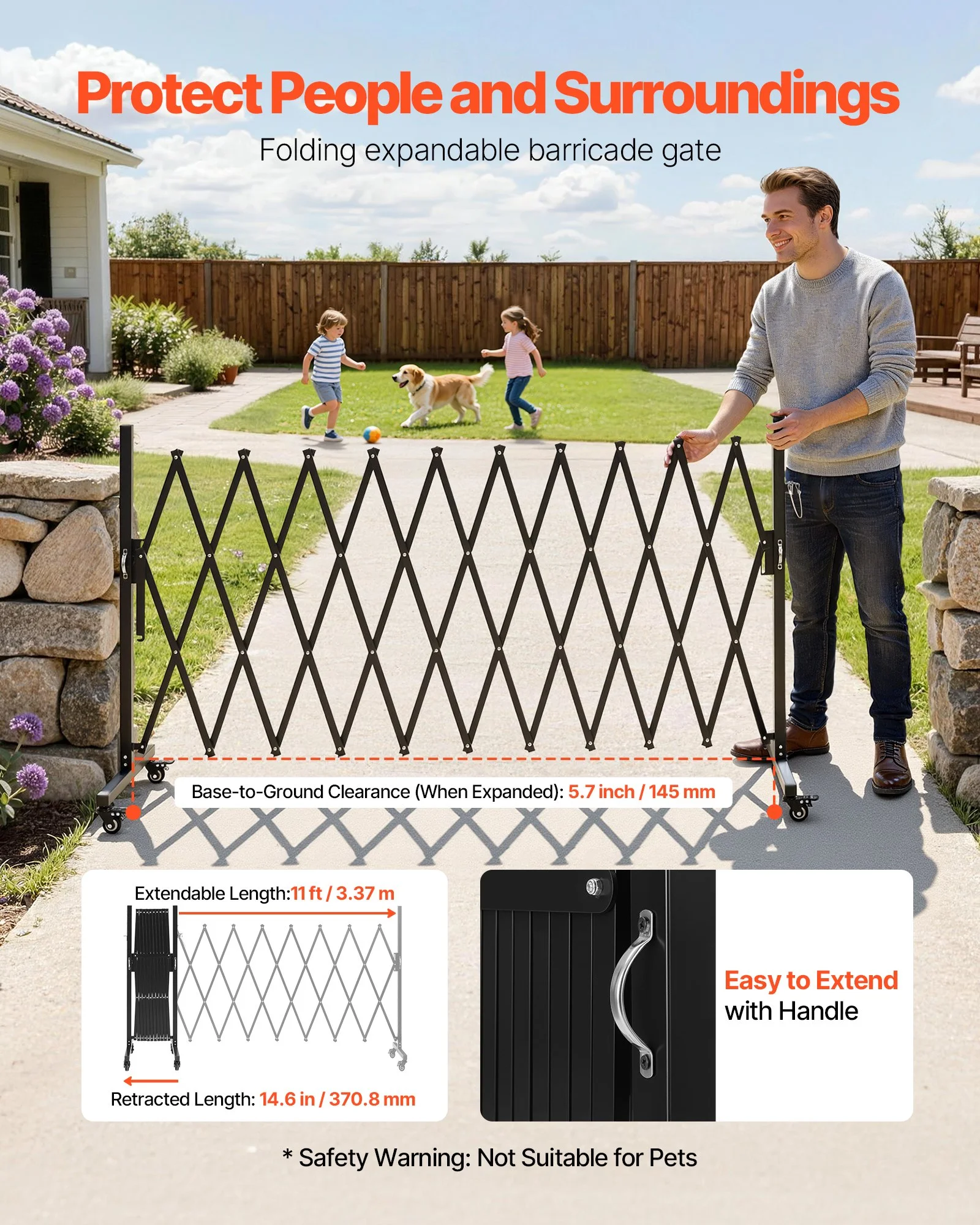 Expandable Barricade, 11FT Expandable Safety Barrier, Flexible Mobile Barricade with Locking Casters, Portable Folding Security Gate Metal Traffic Fence for Patio Garden Stairway - Image 3
