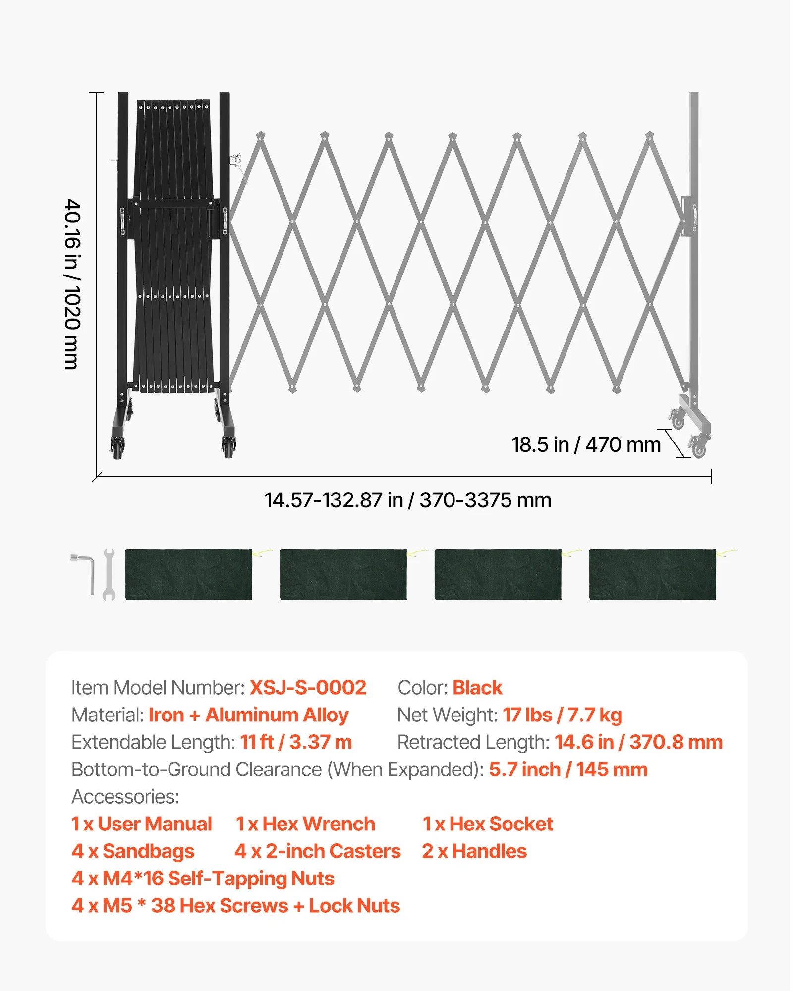 Expandable Barricade, 11FT Expandable Safety Barrier, Flexible Mobile Barricade with Locking Casters, Portable Folding Security Gate Metal Traffic Fence for Patio Garden Stairway - Image 10