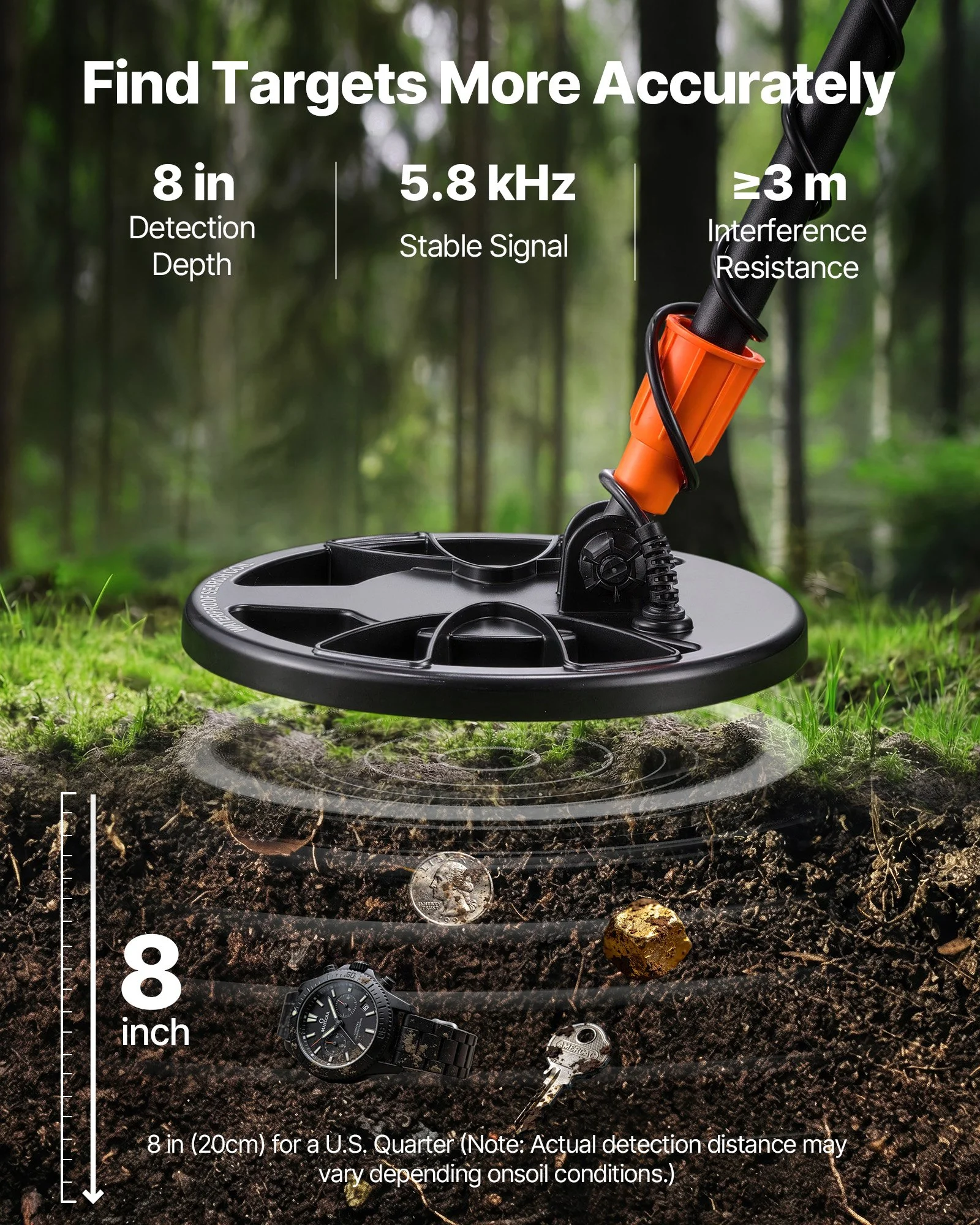 Metal Detector for Adults, 8", Professional High Accuracy Gold Detector, IP68 Waterproof Search Coil with Display, Headphones, 3 Modes, Adjustable Length, for Detecting Gold Treasure Hunting - Image 9