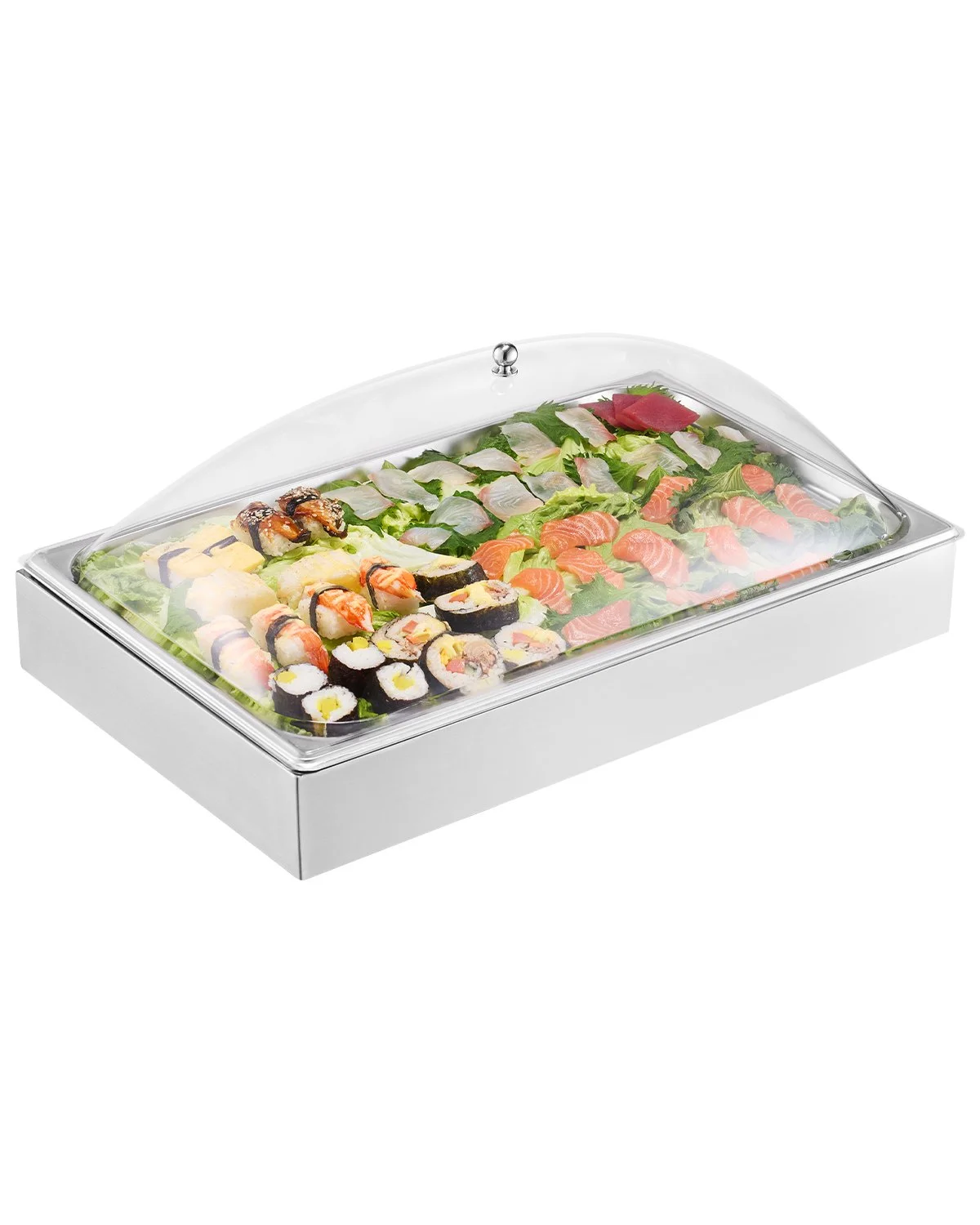 Countertop Food Serving Display Container, 1 x 1 Pan Stainless Steel Food Serving Tray, Buffet Condiment Dispenser Display Rack with Clear Arc Lid & 3 Ice Trays, for Restaurant, Hotel, Party