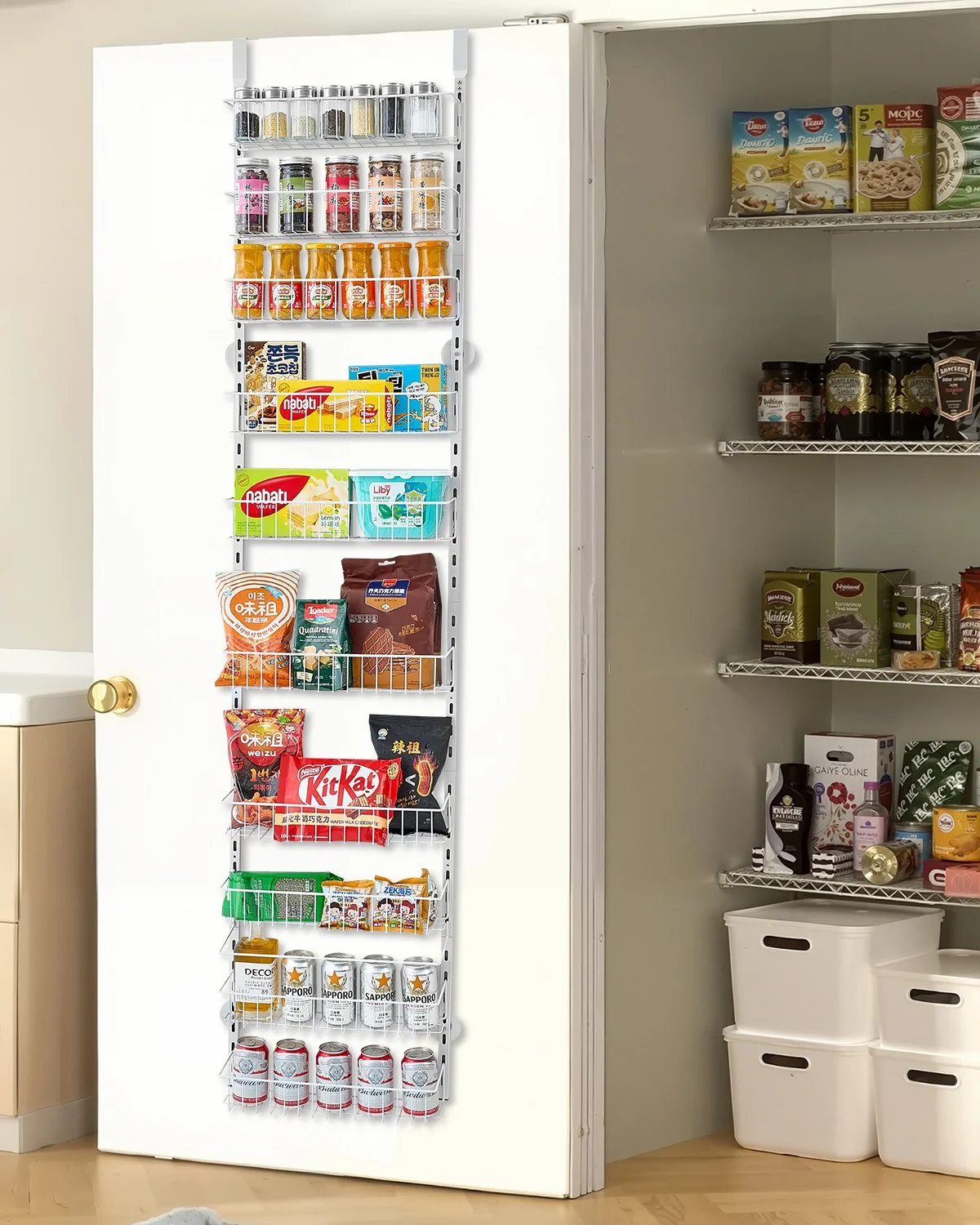 Over the Door Pantry Organizer, 10-Tier Pantry Organization and Storage, Heavy-Duty Steel Hanging Spice Rack, Adjustable Wall Seasoning Shelves, for Home Kitchen Laundry Room Bathroom, White