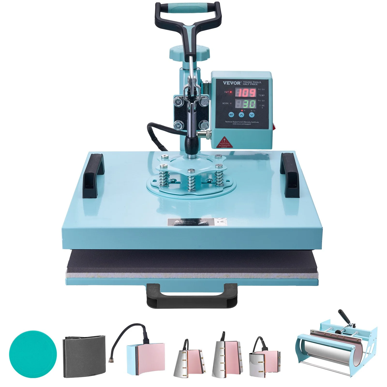 Heat Press Machine, 15 x 15 inch, 8 in 1 Heat Transfer Machine with 6-30 oz Tumbler Press, 360° Swing Away T-Shirt Pressing, Digital Precise Control, for T-Shirts/Mugs/Hats/Plates, Green
