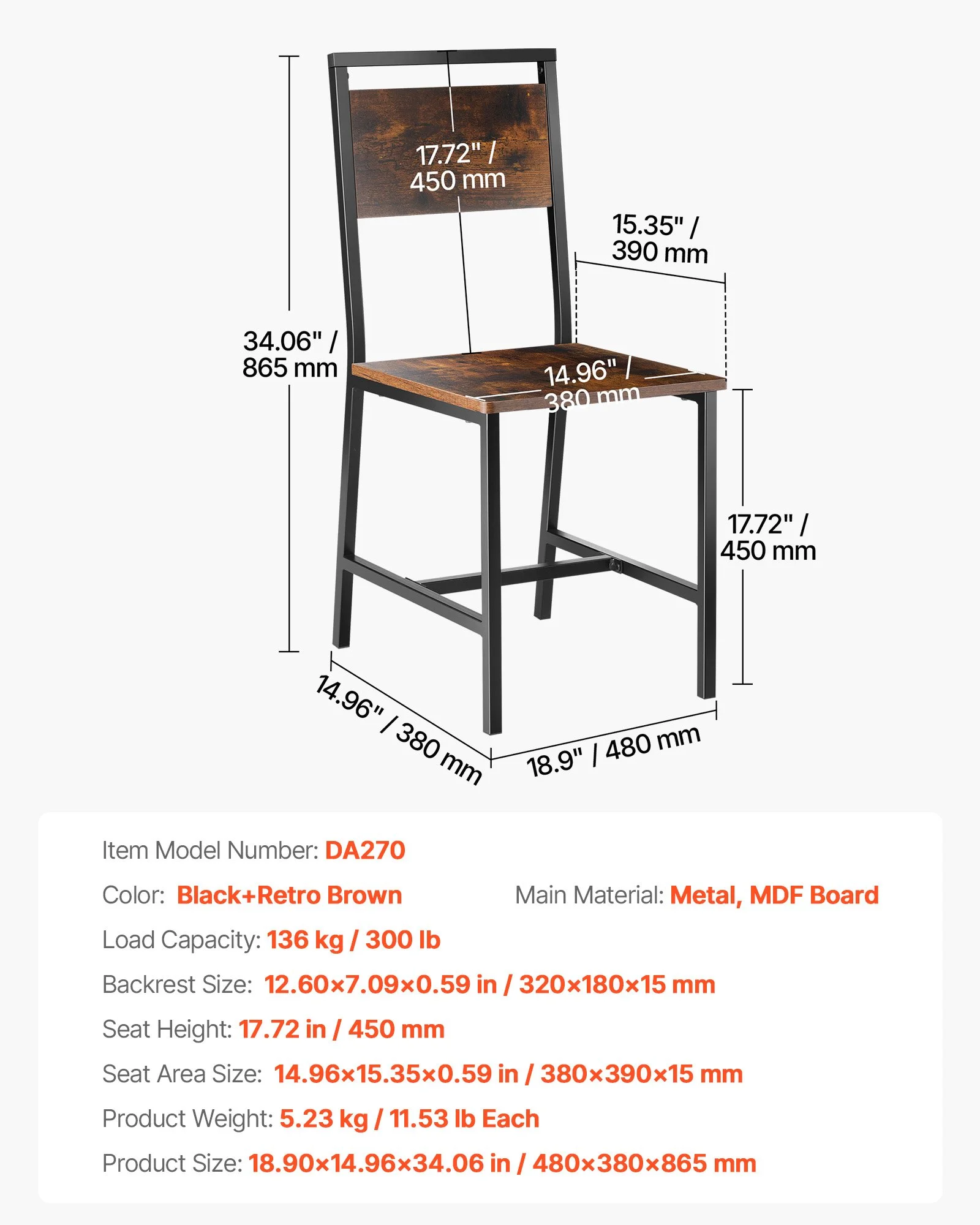 Dining Chairs Set of 2, Wooden Table Chairs with Metal Frame and Backrest, Easy to Assemble Leather Side Chair, Modern Farmhouse Walnut Chair for Kitchen Living Room, Rustic Brown and Black - Image 12