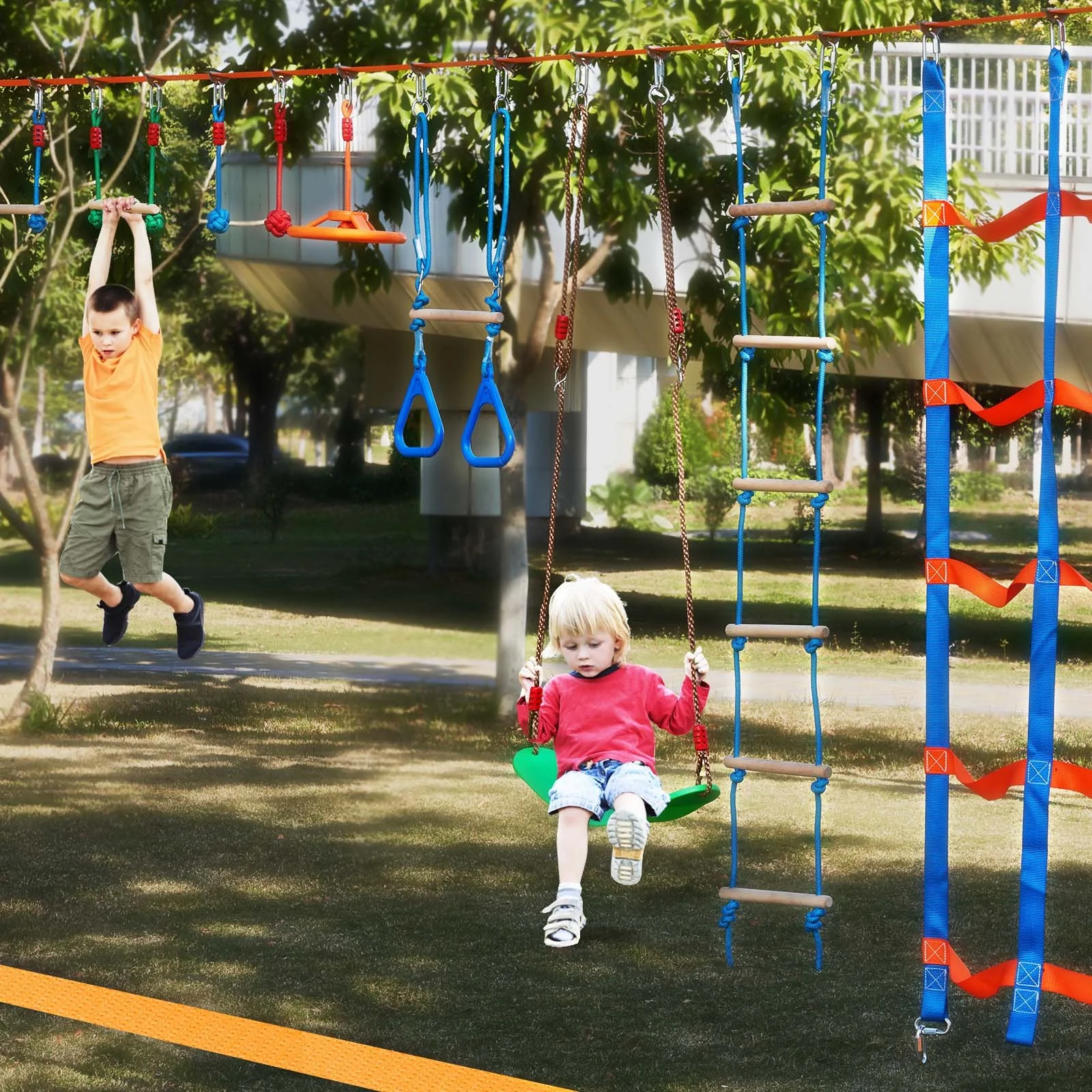 Ninja Warrior Obstacle Course for Kids, 2 x 50 ft Weatherproof Slacklines, 500lbs Weight Capacity Monkey Line, Outdoor Playset Equipment, Backyard Toys Training Equipment Set with 12 Obstacles - Image 8