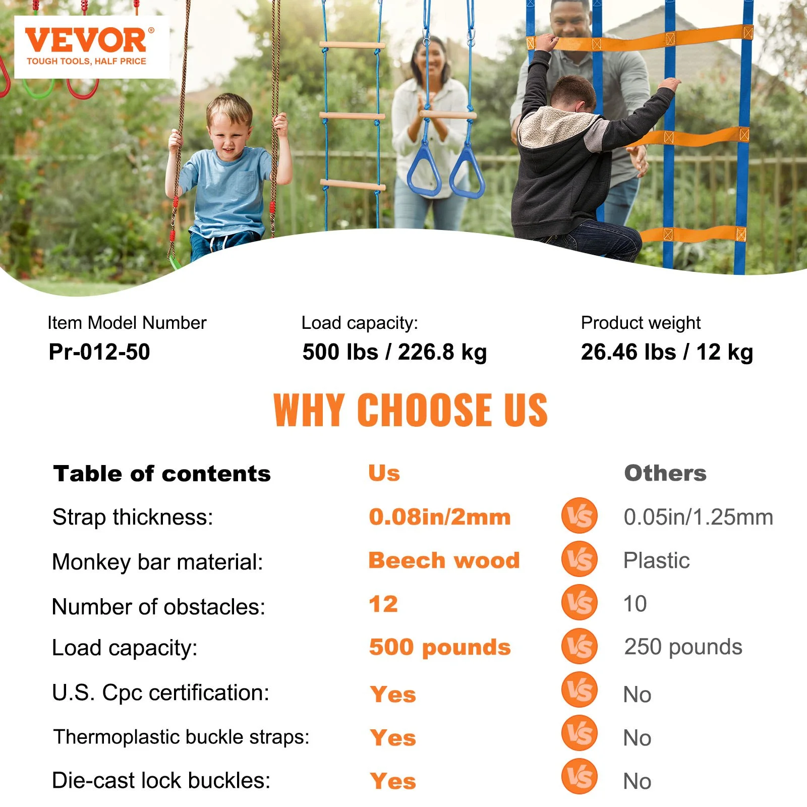 Ninja Warrior Obstacle Course for Kids, 2 x 50 ft Weatherproof Slacklines, 500lbs Weight Capacity Monkey Line, Outdoor Playset Equipment, Backyard Toys Training Equipment Set with 12 Obstacles - Image 7