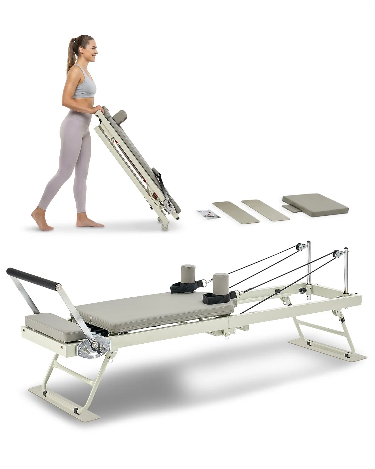 Foldable Pilates Reformer, Pilates Workout Machine for Home Gym Studio Use, Pilates Bed with Dual Resistance- Spring & Cord, Reformer Set for Advanced Users and Beginners, Up to 400 LBS
