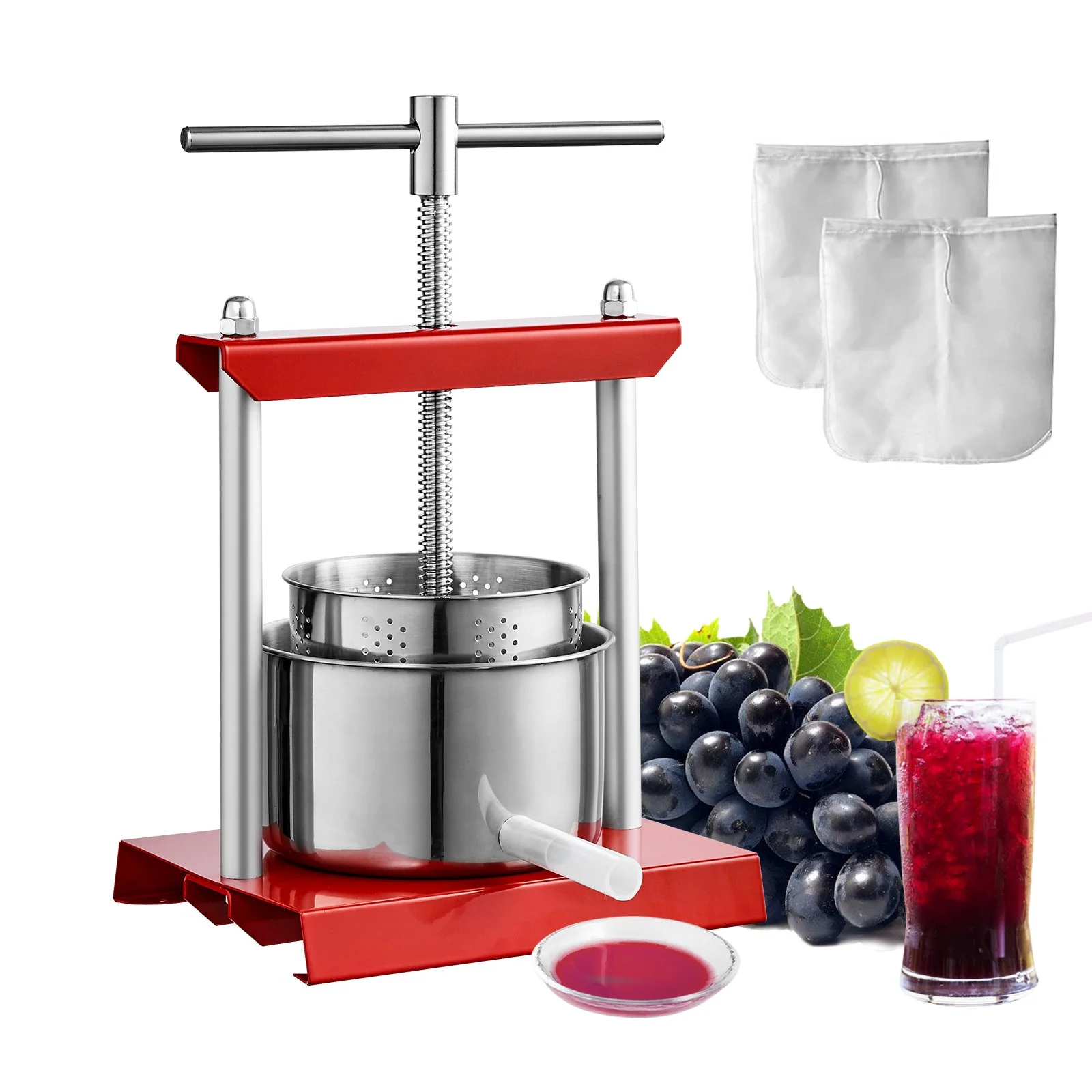 Fruit Wine Press, 0.88 Gallon/3.36L, 2 Stainless Steel Barrels, Manual Juice Maker, Cider Apple Grape Tincture Vegetables Honey Olive Oil Making Press with T-Handle for Outdoor, Kitchen and Home