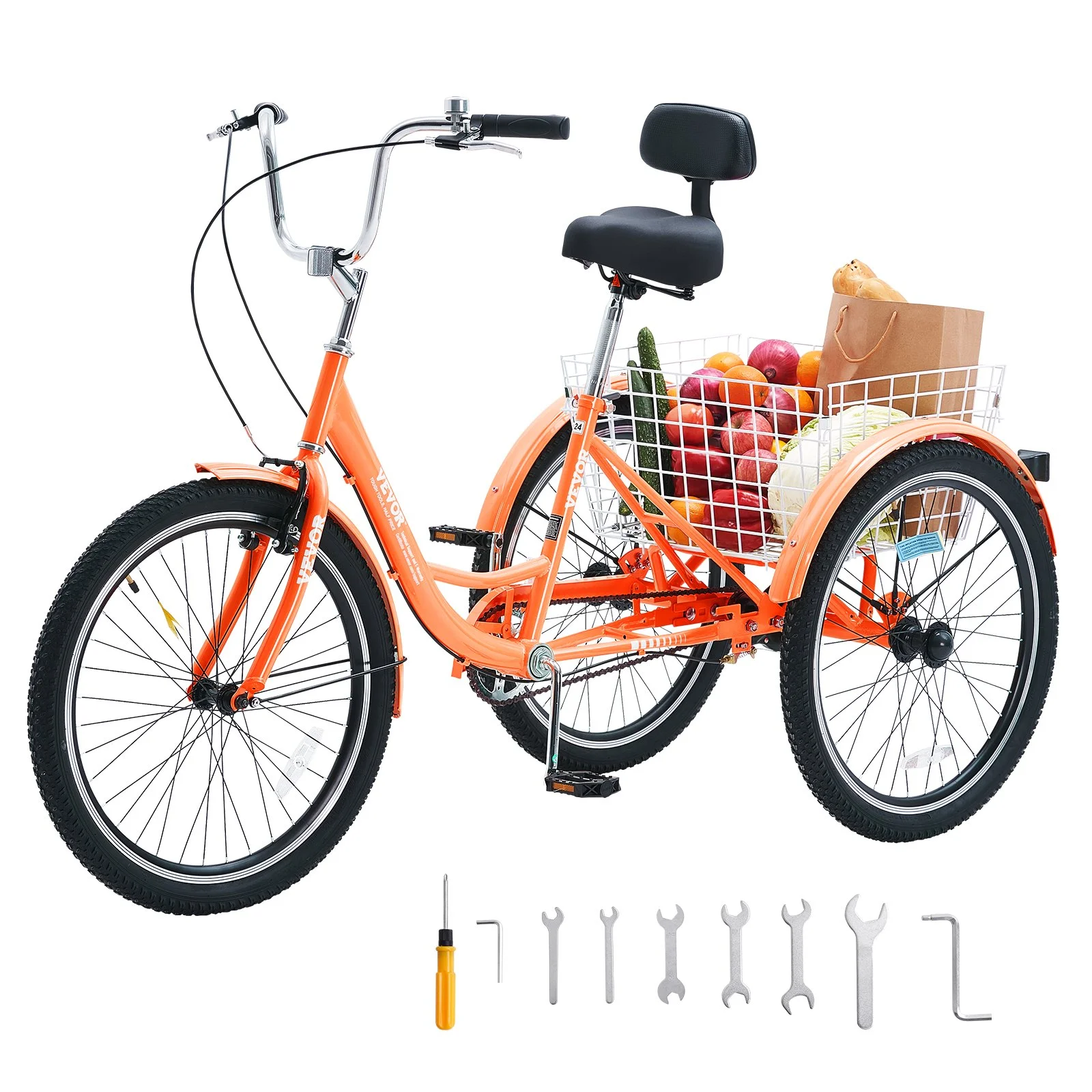 Adult Tricycles Bike, 26 Inch Three-Wheeled Bicycles, 3 Wheel Bikes Trikes, Carbon Steel Cruiser Bike with Basket & Adjustable Seat, Picnic Shopping Tricycles for Seniors, Women, Men (Orange)