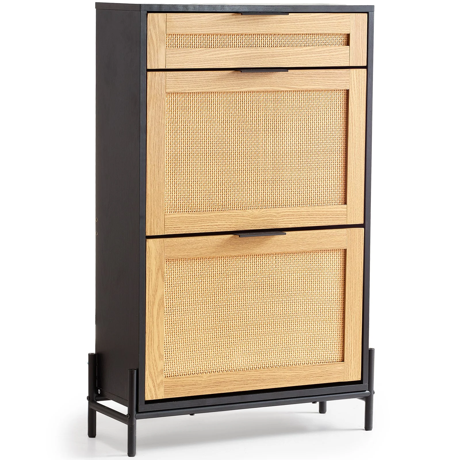 Rattan Shoe Cabinet, Narrow Shoe Storage Organizer with 2 Flip Rattan Drawers & 1 Slide Drawer, Metal Legs, Slim Shoe Entryway Cabinet Ideal for Entryway, Closet, Hallway, Black