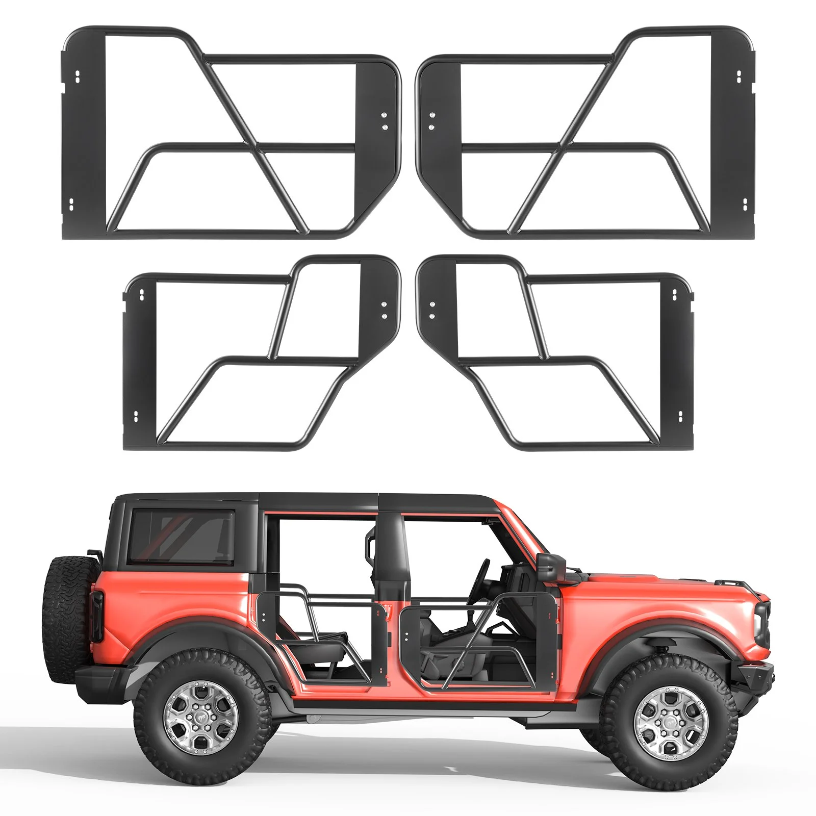 Tube Doors, 4-Door, Compatible with 2021-2026 Ford Bronco (Excluding Bronco Sport), Steel Off Road Front & Rear Tubular Half Doors with Rubber Pads, Heavy-Duty Hinges, OE Latch & Limit Straps